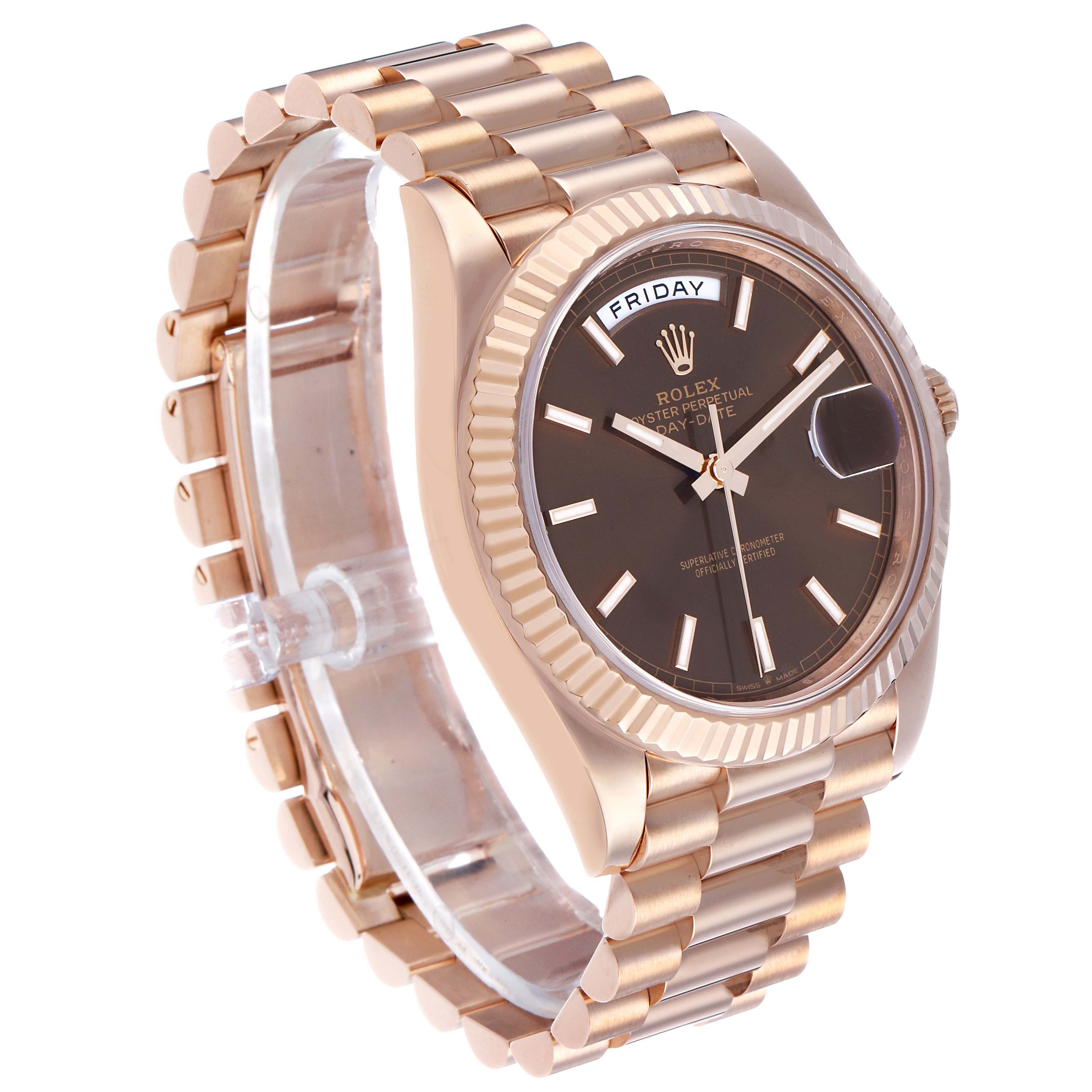 The Rolex President 228235 Men's Rose Gold Brown Dial model watch is shown at a three-quarter angle, highlighting the face, fluted bezel, and bracelet.