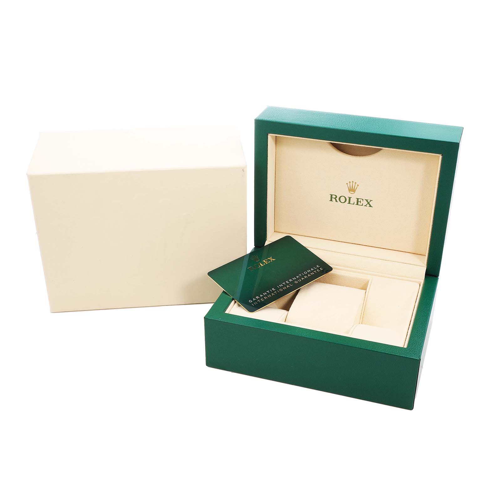 The image shows the open box and warranty card for a Rolex Daytona 116500 Men's Stainless Steel White Dial watch, viewed from the front.