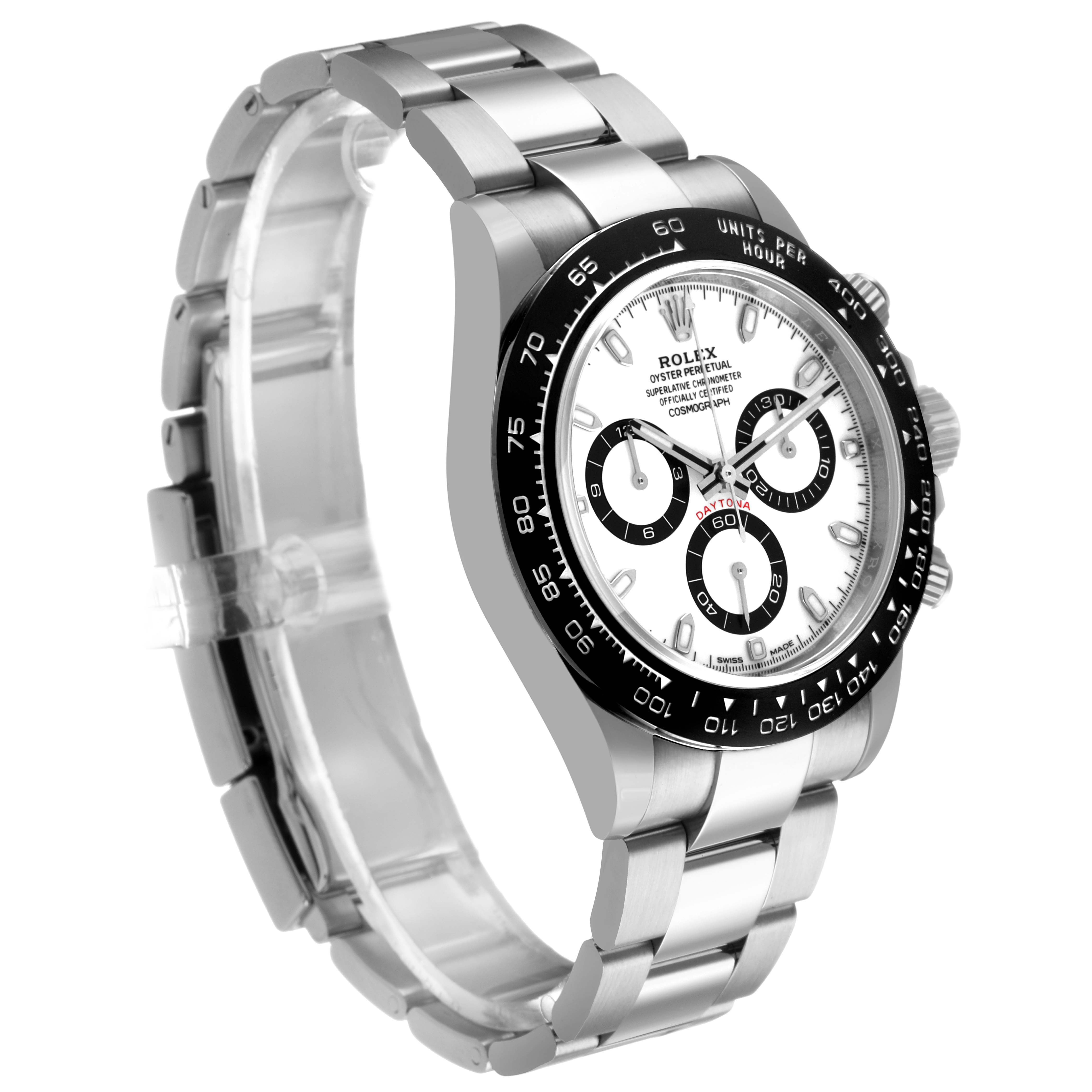The Rolex Daytona 116500 Men's Stainless Steel White Dial watch is shown at a three-quarter angle, displaying the bracelet, bezel, crown, and dial clearly.
