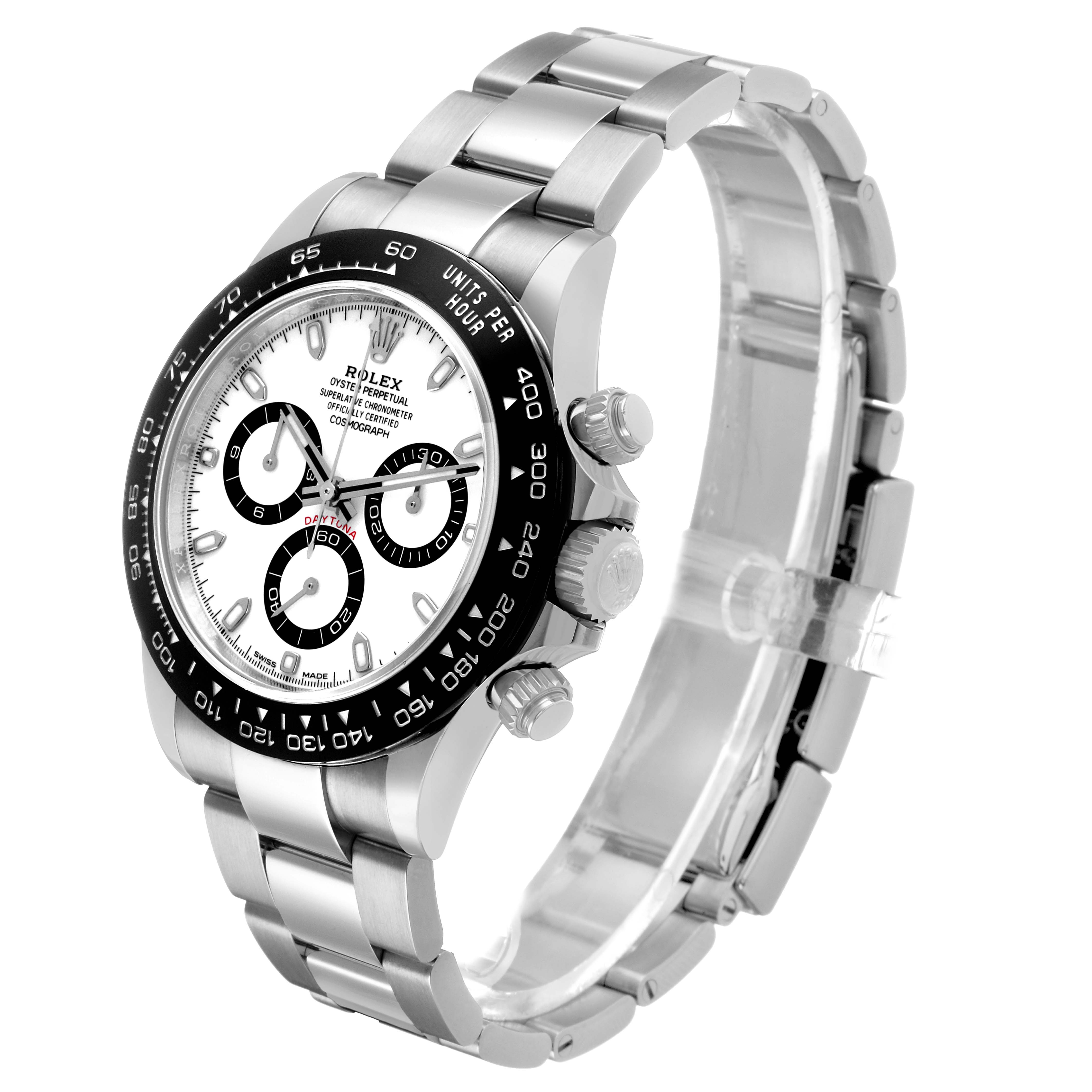 The Rolex Daytona 116500 Men's Stainless Steel White Dial watch is shown from a three-quarter angle, displaying the dial, bezel, and bracelet.