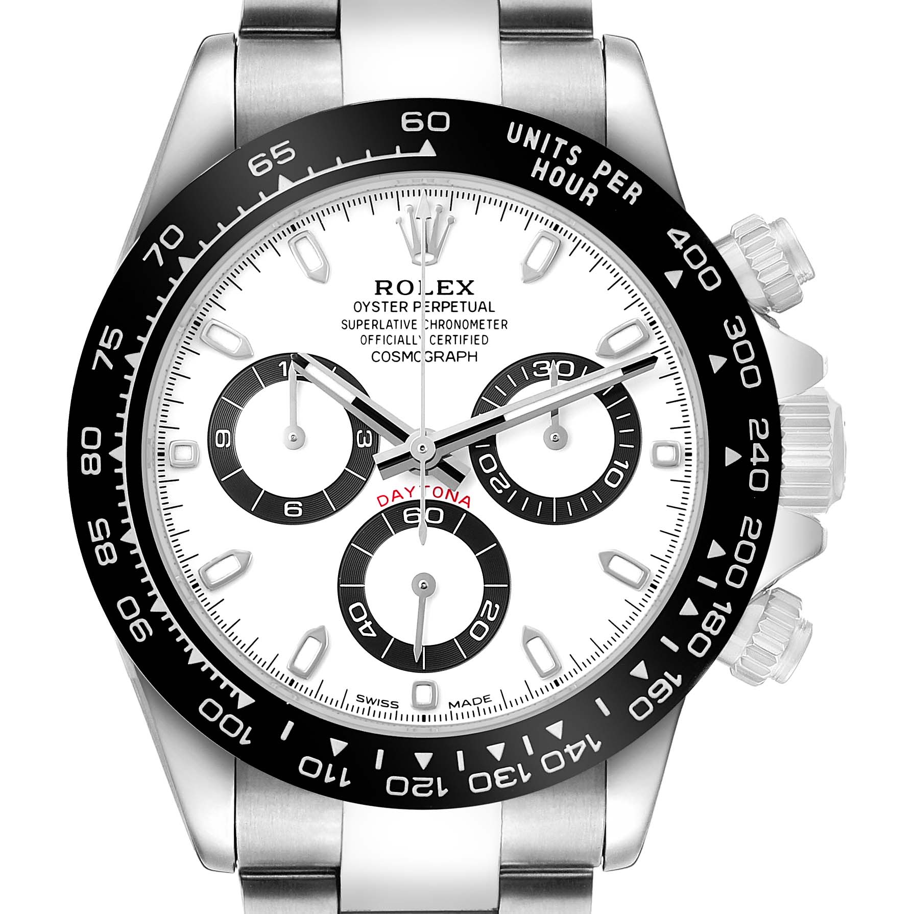 The image shows a front view of a Rolex Daytona 116500 Men's Stainless Steel White Dial watch, highlighting the face, bezel, and pushers.