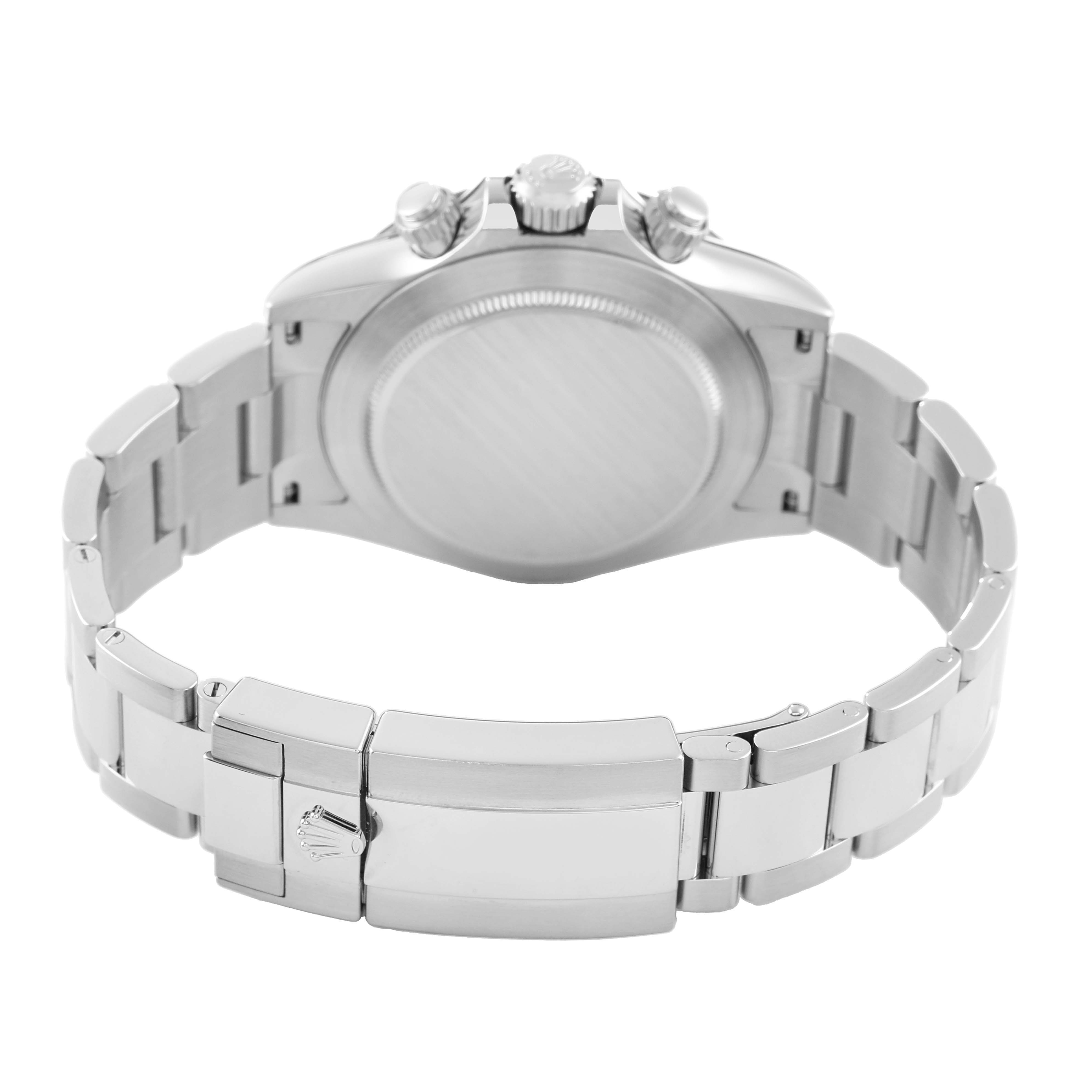 The image shows the back and bracelet of a Rolex Daytona 116500 Men's Stainless Steel White Dial watch, highlighting its clasp and case back.