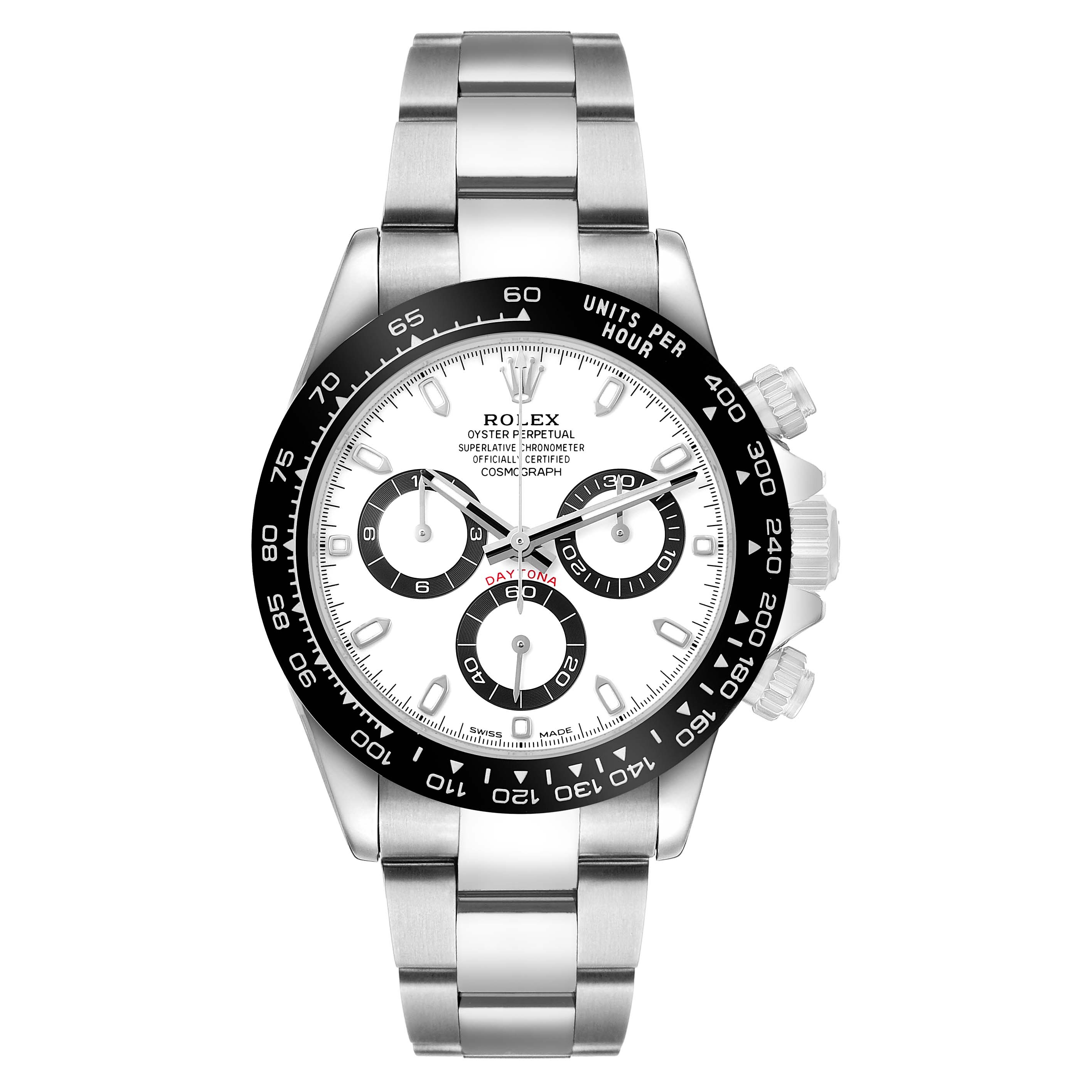 The Rolex Daytona 116500 Men's Stainless Steel White Dial watch is shown from the front, highlighting the dial, bezel, and bracelet.