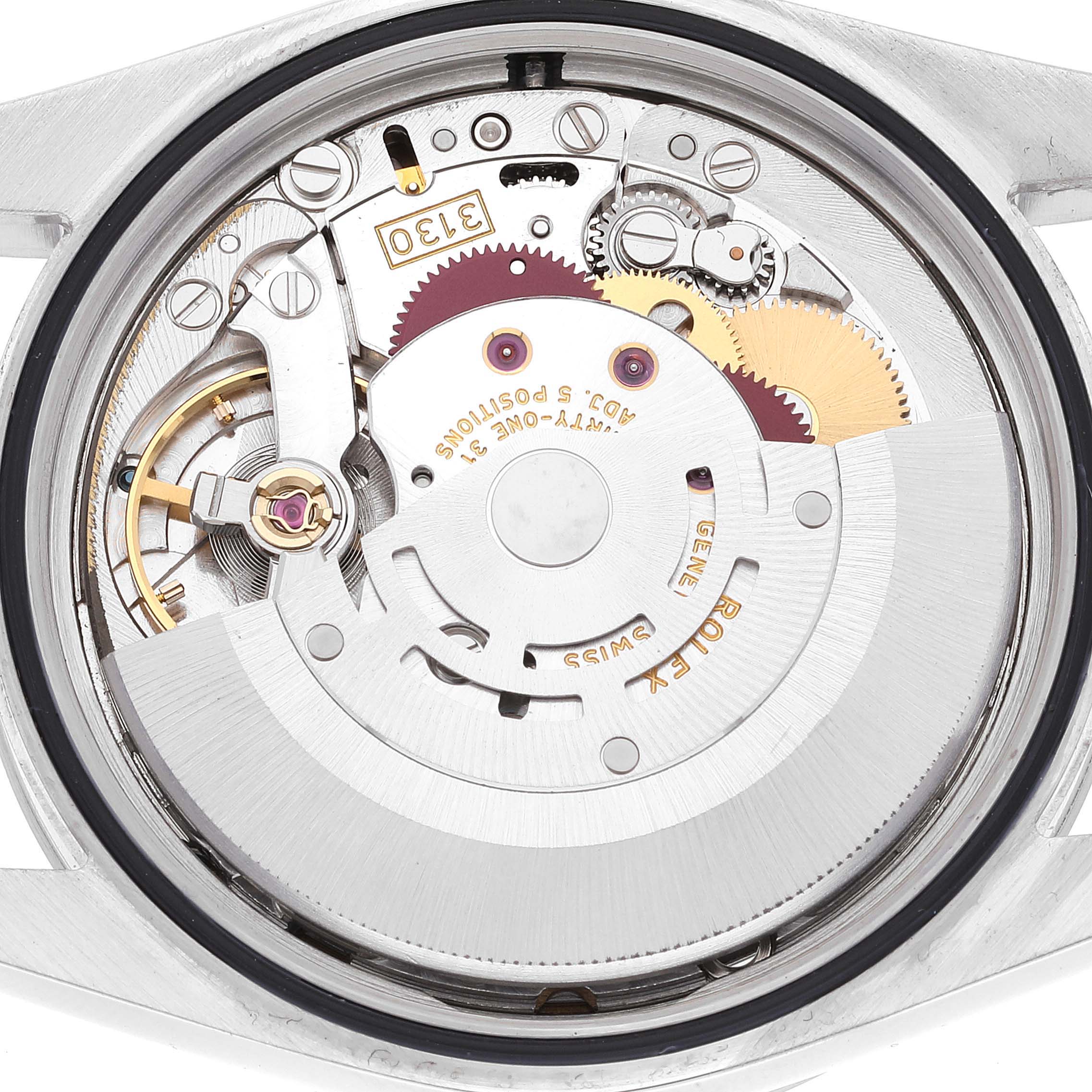 The image shows the movement and internal mechanisms of a Rolex Explorer 114270 Men
s Stainless Steel Black Dial 114270 Men
s Stainless Steel Black Dial watch viewed from the back.