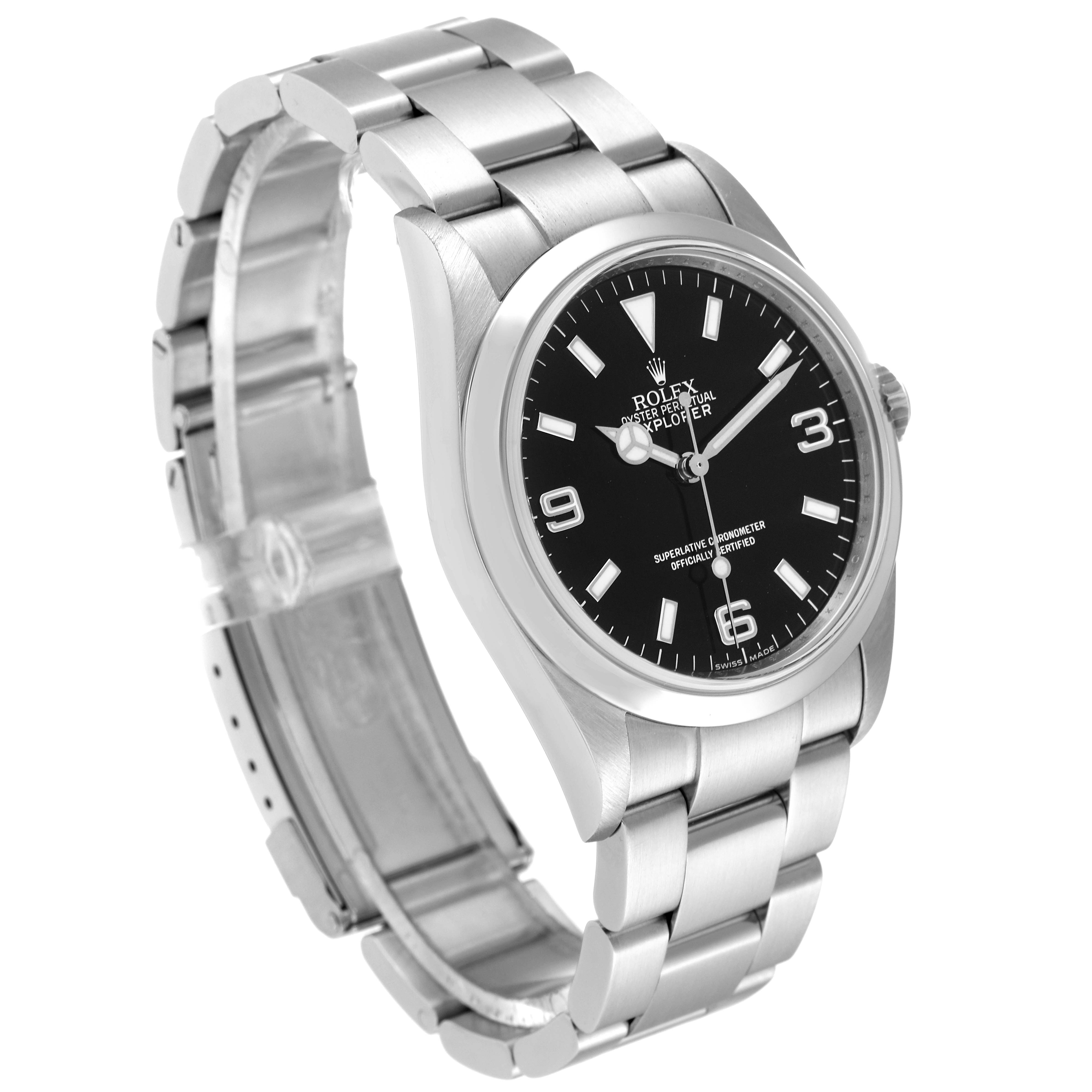 The Rolex Explorer 114270 Men
s Stainless Steel Black Dial 114270 Men
s Stainless Steel Black Dial watch is shown at an angle highlighting the face, bezel, and bracelet.
