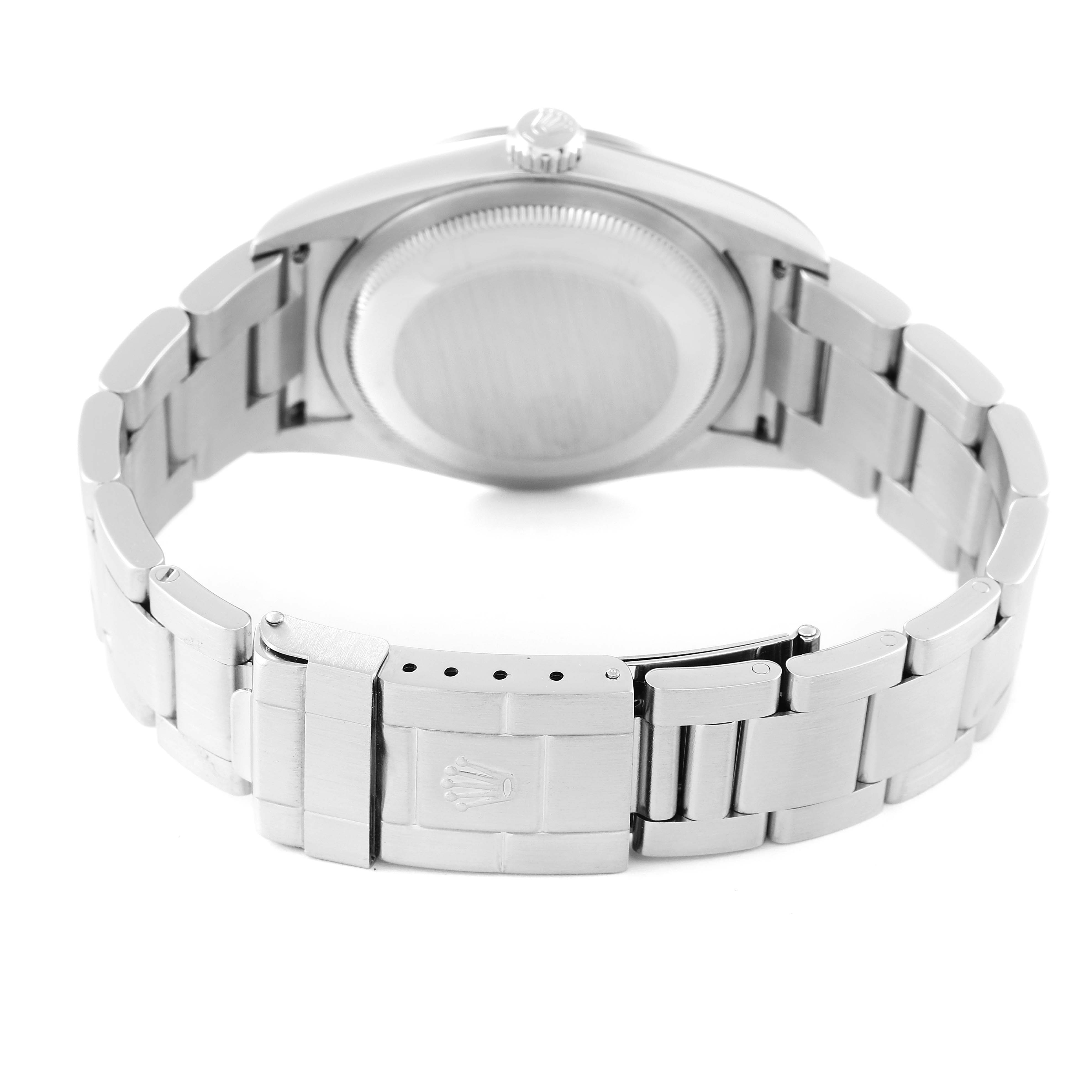 The image shows the back case and bracelet clasp of a Rolex Explorer 114270 Men
s Stainless Steel Black Dial 114270 Men
s Stainless Steel Black Dial watch.