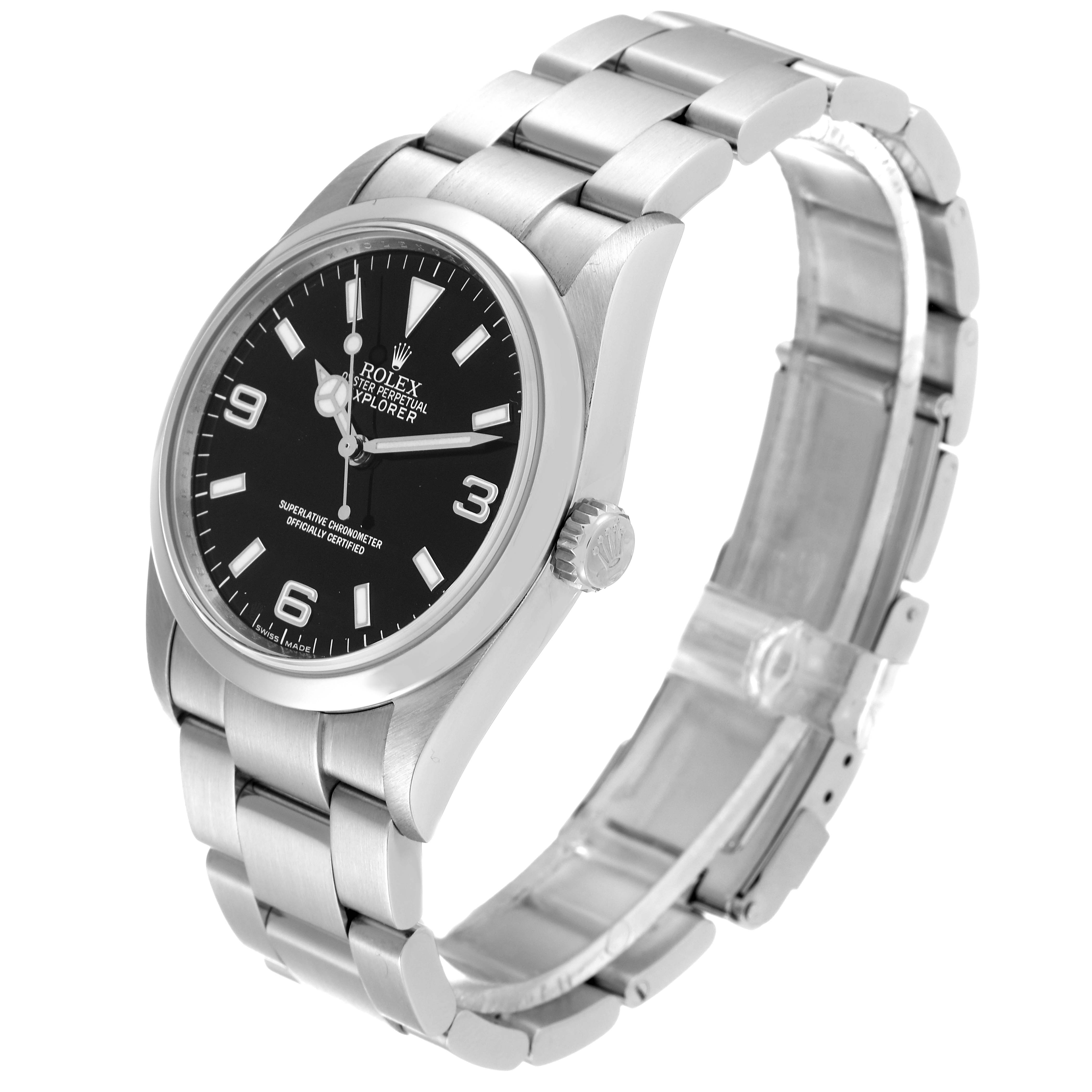 The Rolex Explorer 114270 Men
s Stainless Steel Black Dial 114270 Men
s Stainless Steel Black Dial watch is shown at an angled view, highlighting the dial, bezel, crown, and bracelet.