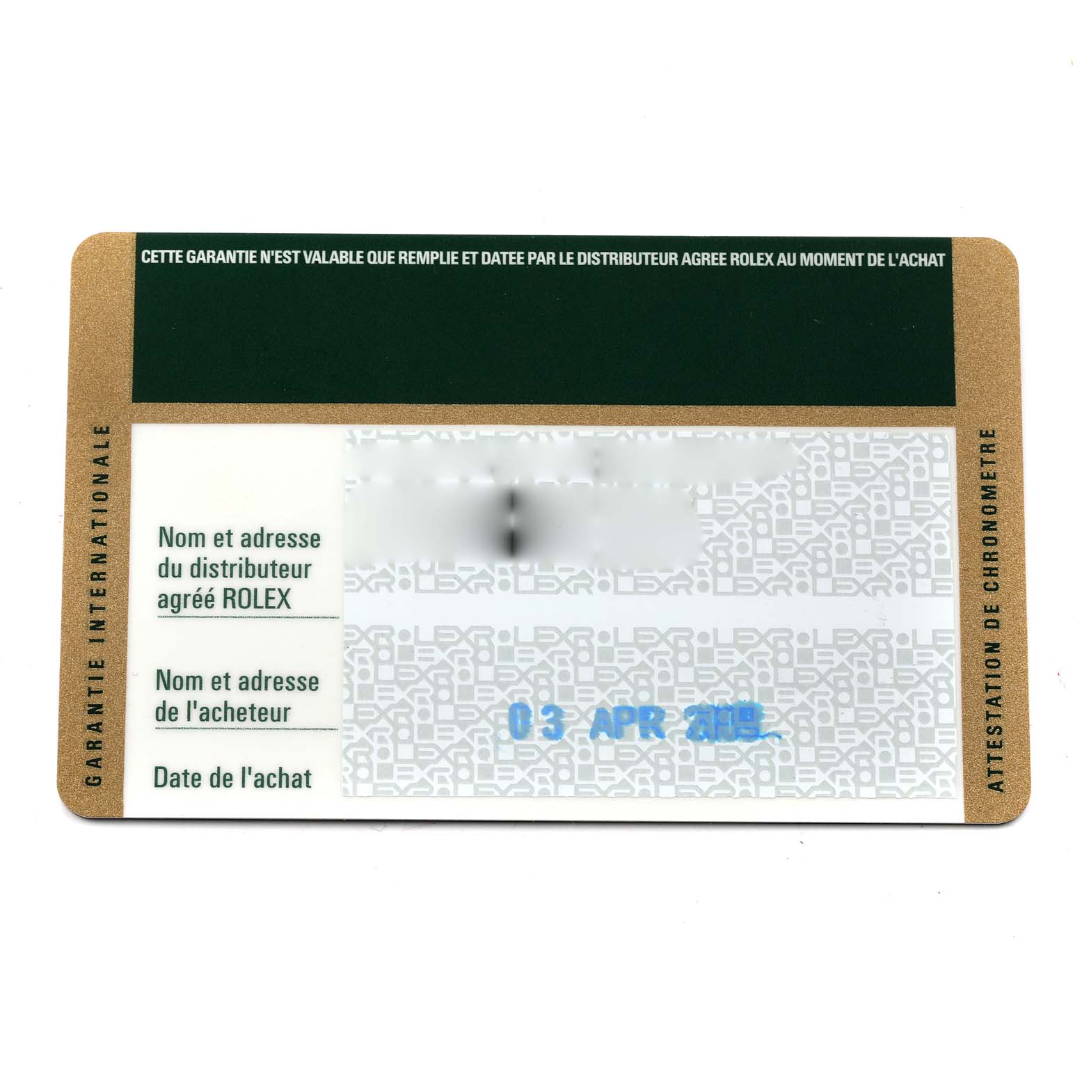 This is a Rolex Explorer 114270 Men
s Stainless Steel Black Dial 114270 Men
s Stainless Steel Black Dial international guarantee card shown from above.