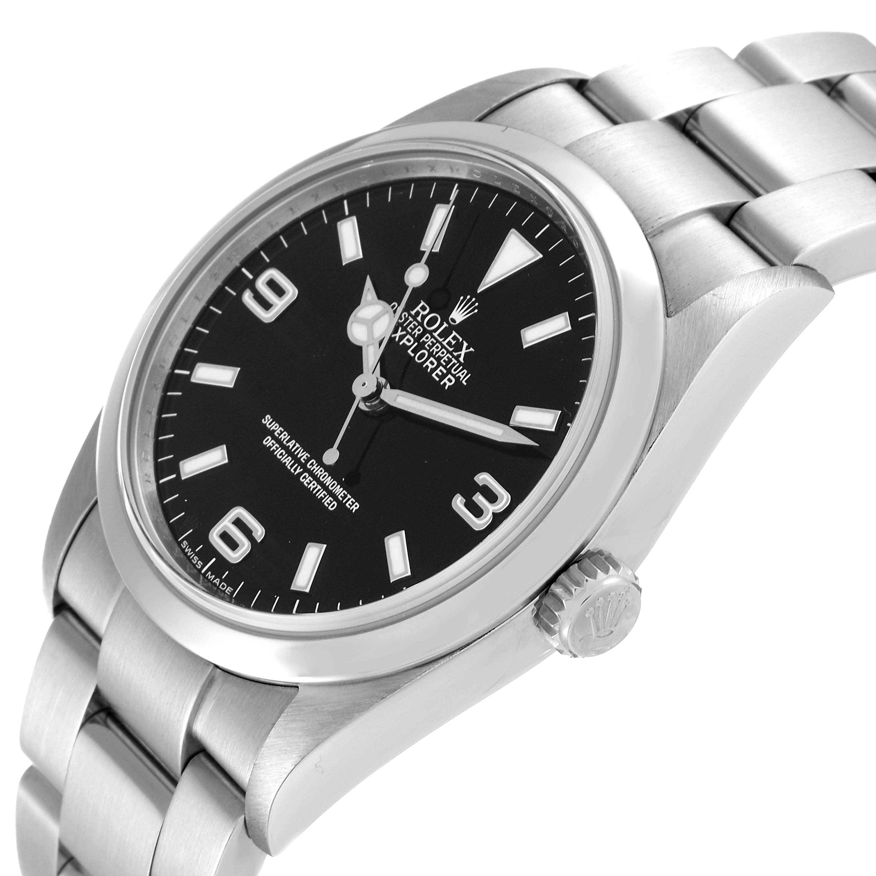 This image shows a side angle view of the Rolex Explorer 114270 Men
s Stainless Steel Black Dial 114270 Men
s Stainless Steel Black Dial watch, highlighting the dial, bezel, bracelet, and crown.