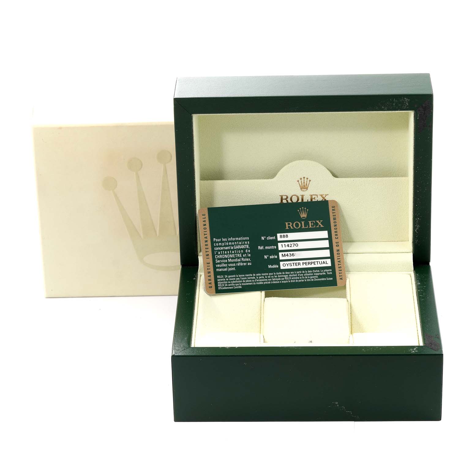The image shows the box, warranty card, and inner packaging for a Rolex Explorer 114270 Men
s Stainless Steel Black Dial 114270 Men
s Stainless Steel Black Dial watch.