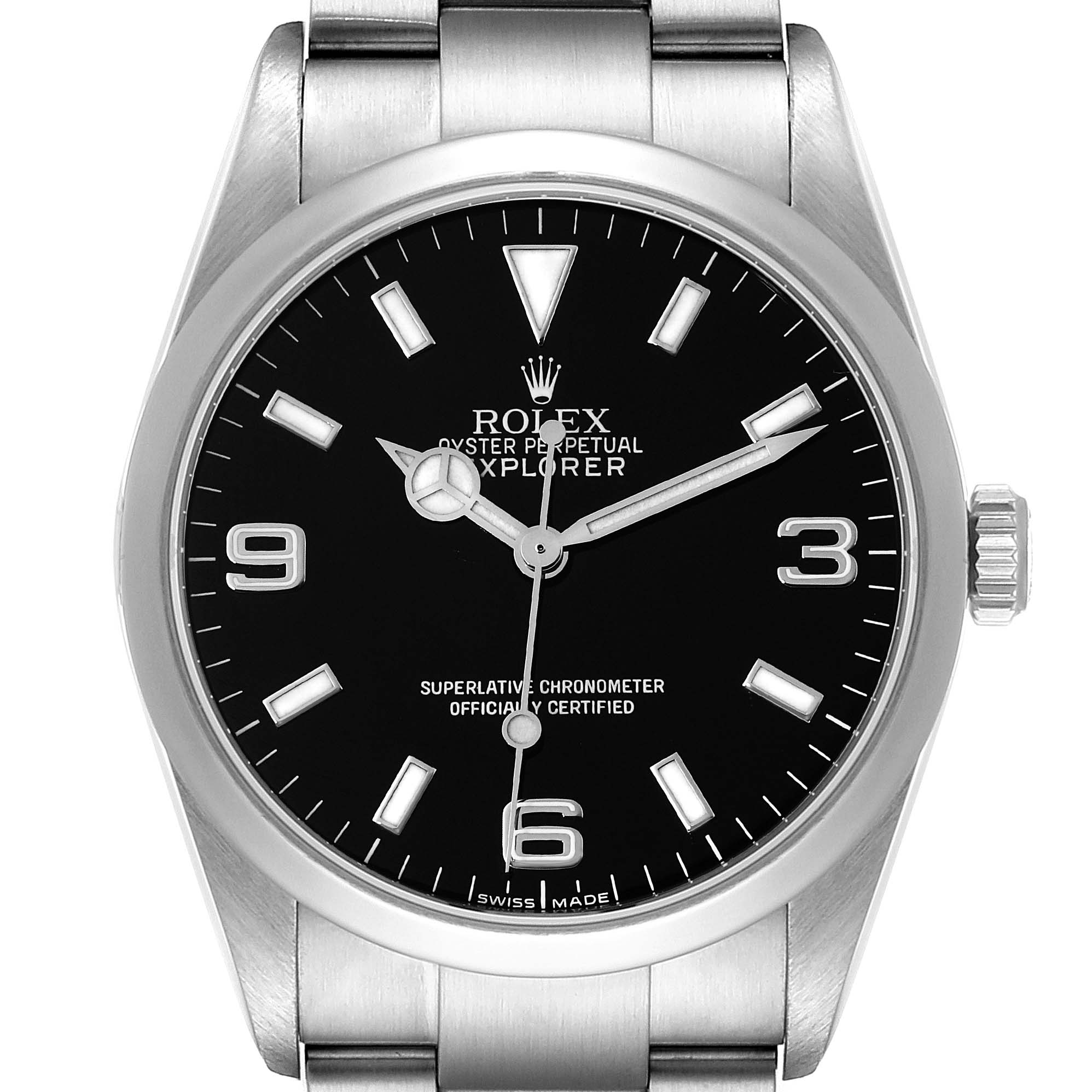 The Rolex Explorer 114270 Men
s Stainless Steel Black Dial 114270 Men
s Stainless Steel Black Dial watch is shown from a front angle, displaying its black dial, hour markers, hands, and part of the bracelet.