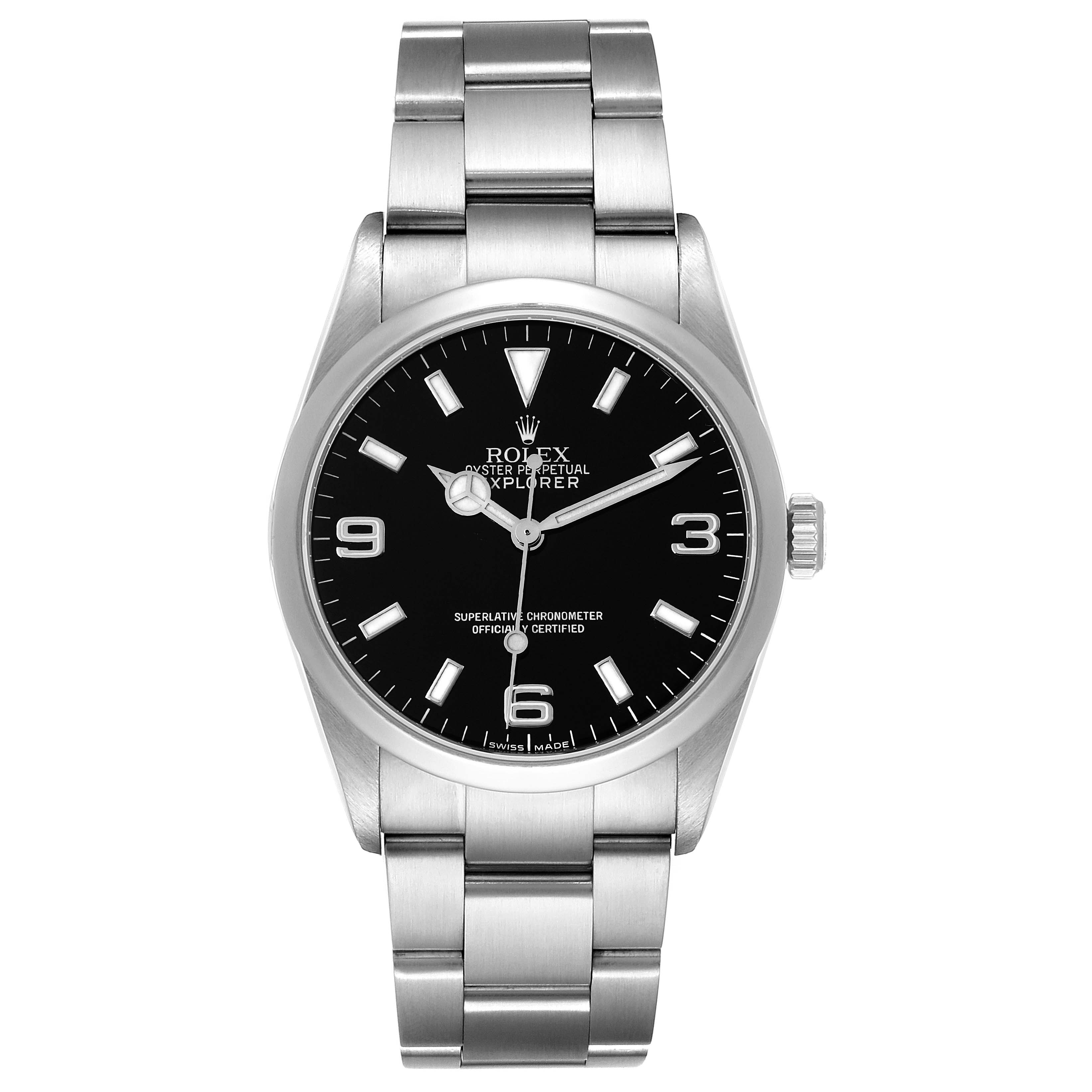 The image shows a front view of the Rolex Explorer 114270 Men
s Stainless Steel Black Dial 114270 Men
s Stainless Steel Black Dial watch, highlighting its face, hands, numbers, marks, and steel bracelet.