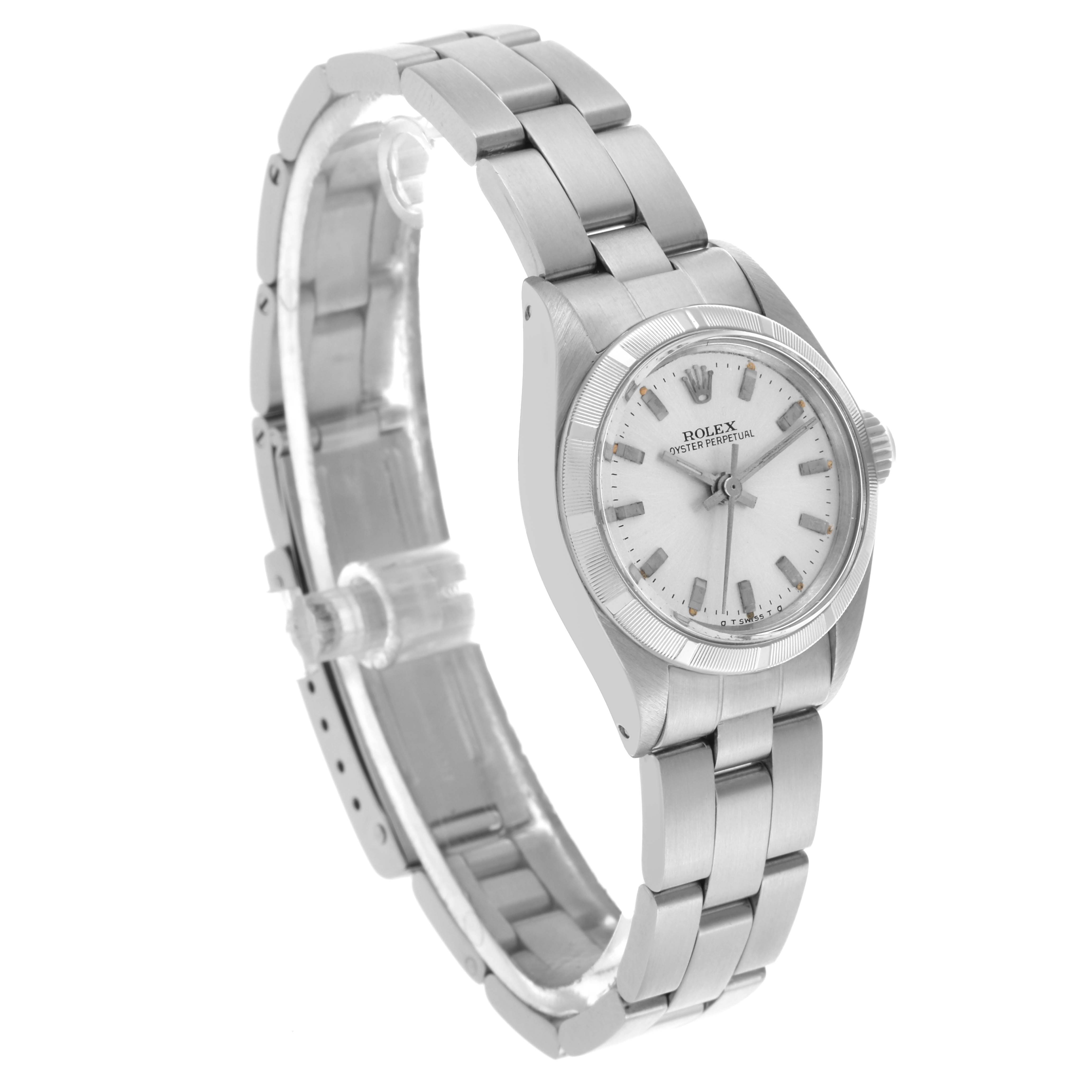 The Rolex Oyster Perpetual 6723 Women's Stainless Steel Silver Dial 6723 Women's Stainless Steel Silver Dial watch is shown at a three-quarter angle, displaying the face, case, and bracelet.