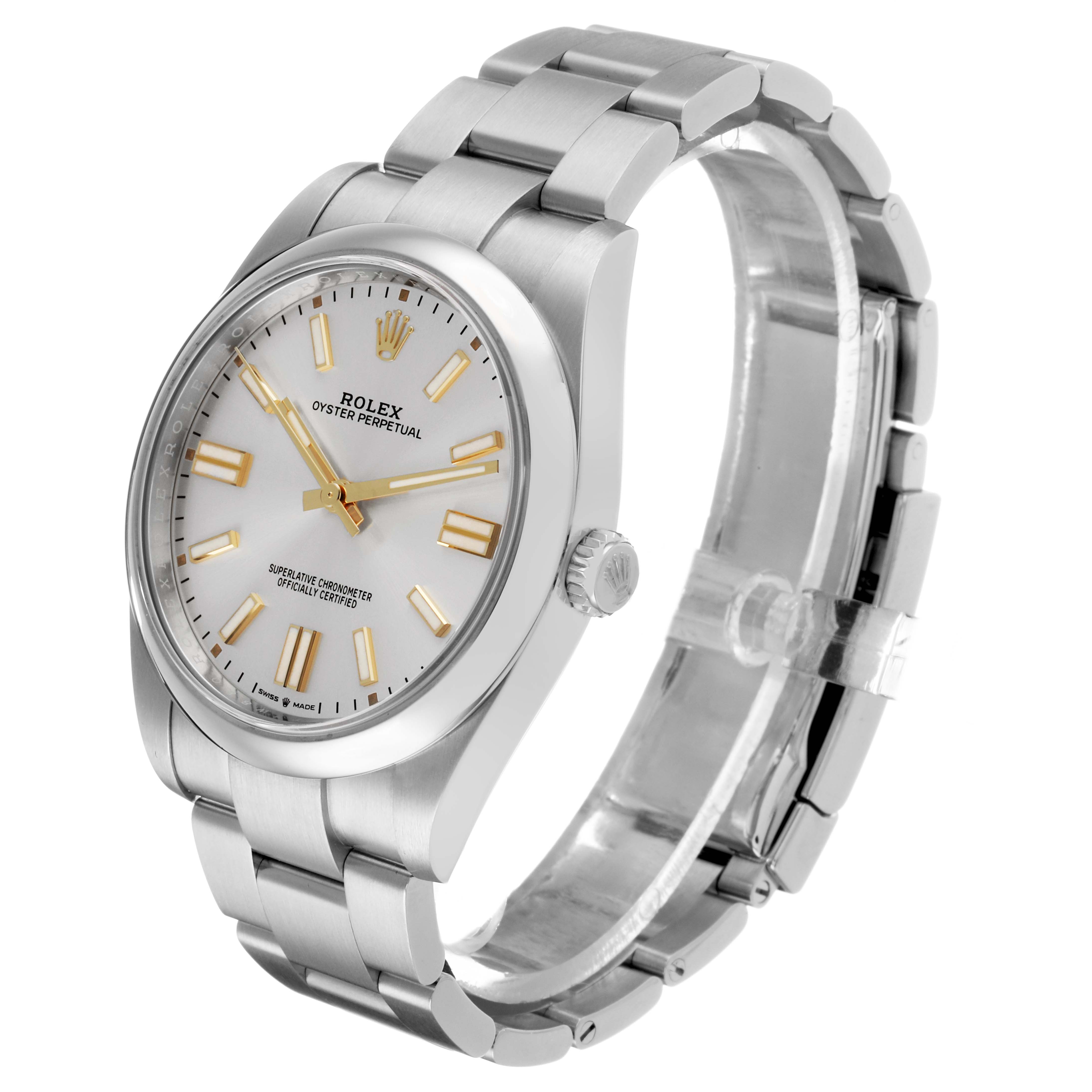 The Rolex Oyster Perpetual 124300 Men's Stainless Steel Silver Dial watch is shown at a three-quarter angle, highlighting the face, bezel, and stainless steel bracelet.