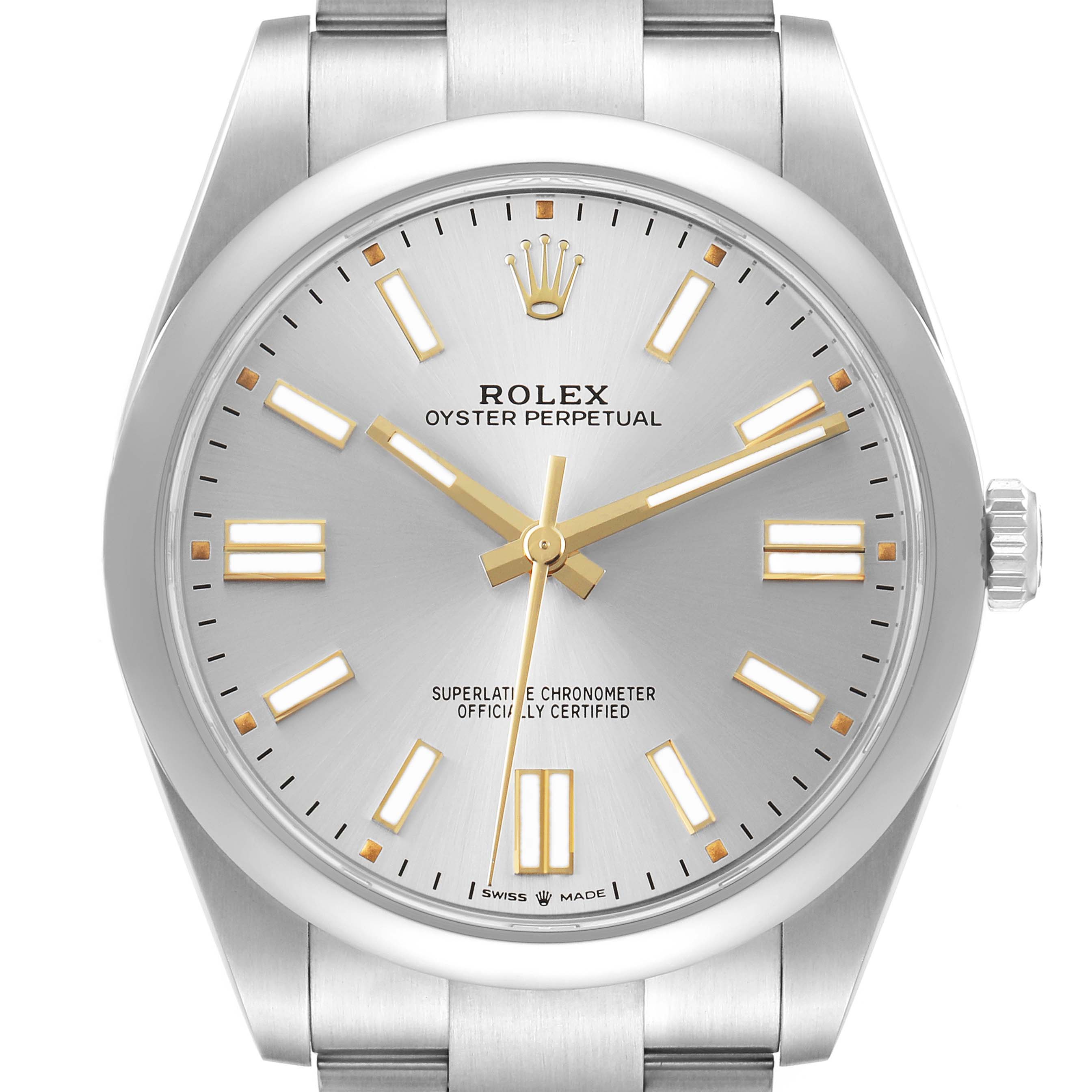 The Rolex Oyster Perpetual 124300 Men's Stainless Steel Silver Dial watch is shown from a front angle, displaying the dial, hands, markers, and part of the bracelet.