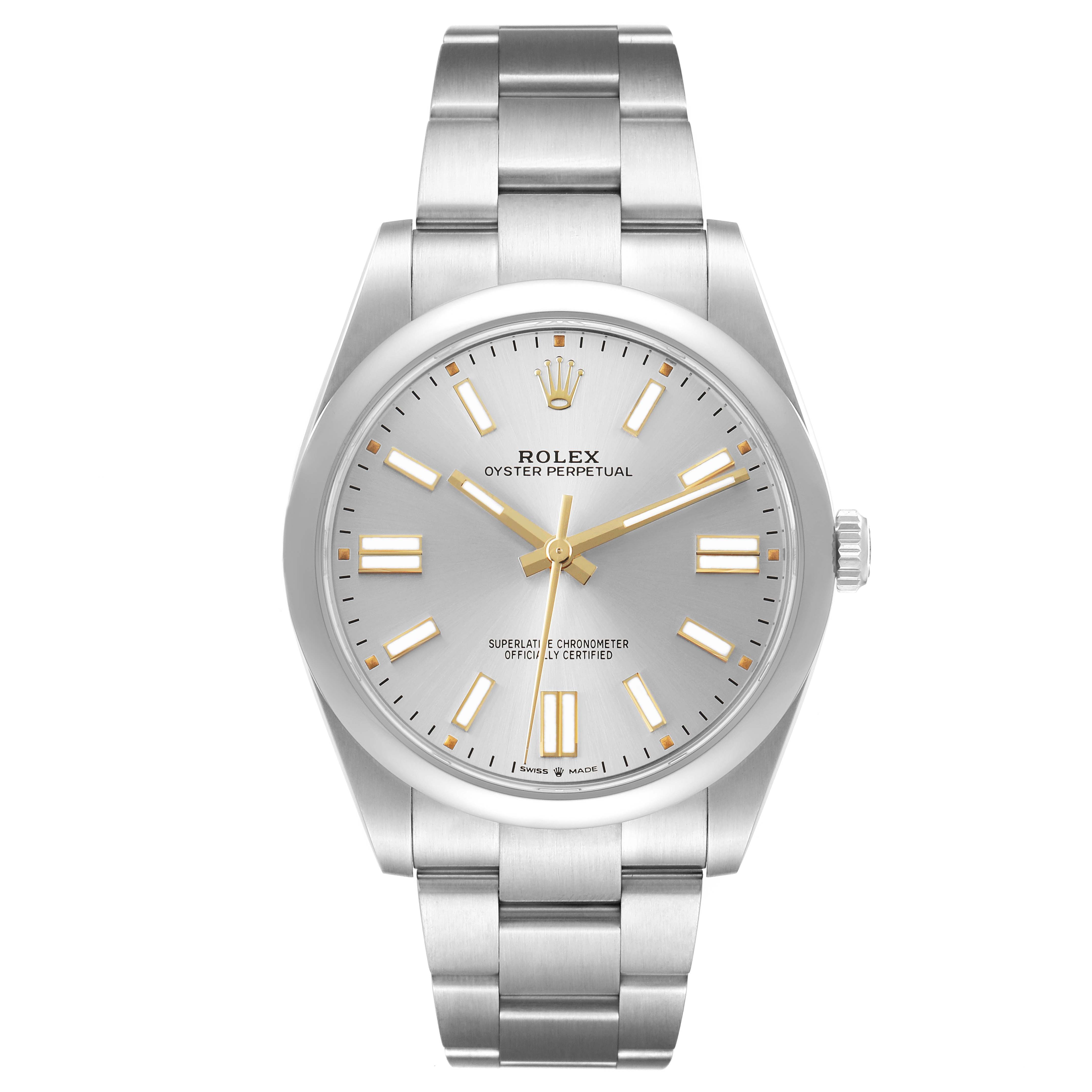The image shows a front view of the Rolex Oyster Perpetual 124300 Men's Stainless Steel Silver Dial watch, highlighting the dial, hour markers, hands, and metal bracelet.