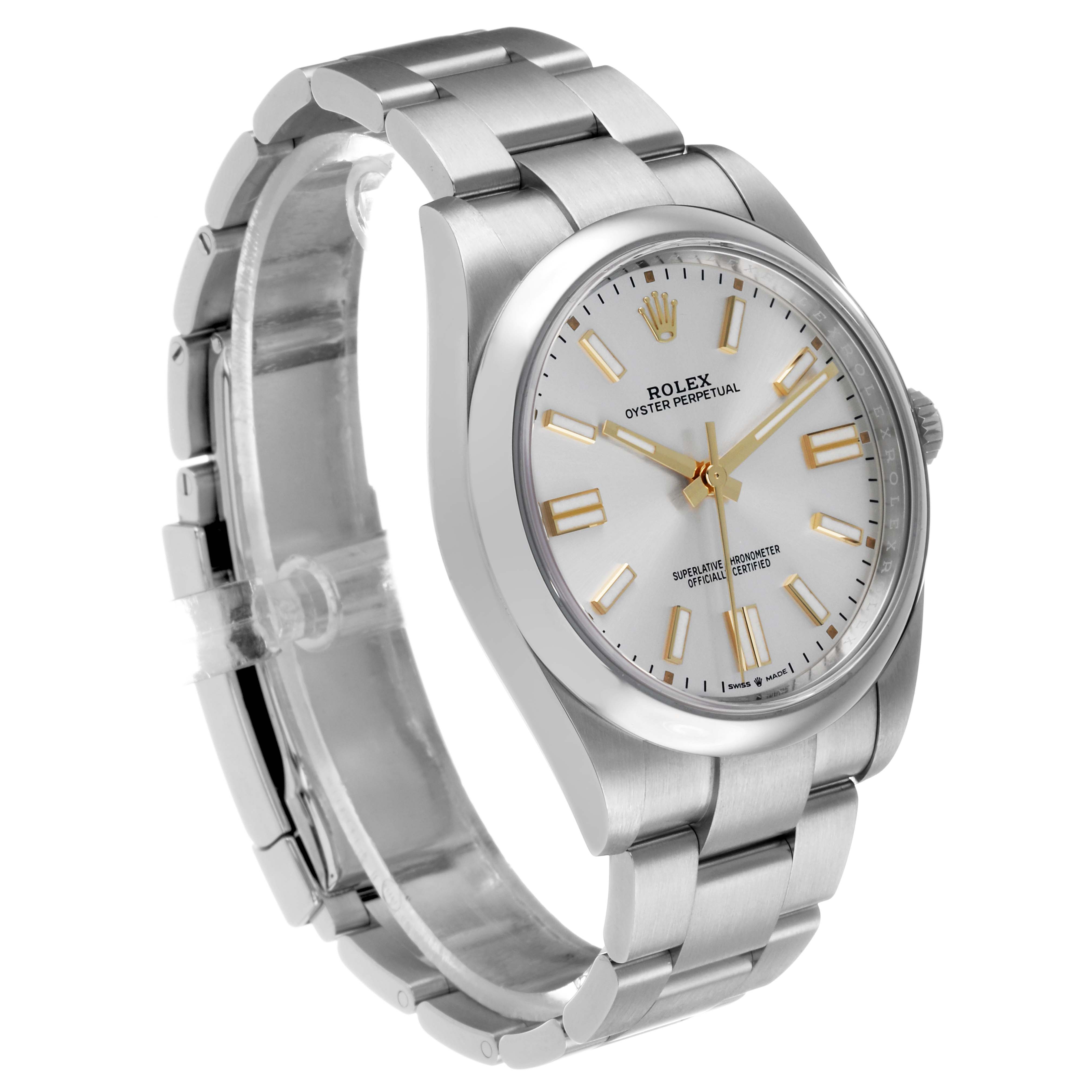 The Rolex Oyster Perpetual 124300 Men's Stainless Steel Silver Dial watch is shown at a three-quarter angle, displaying the dial, crown, and bracelet.