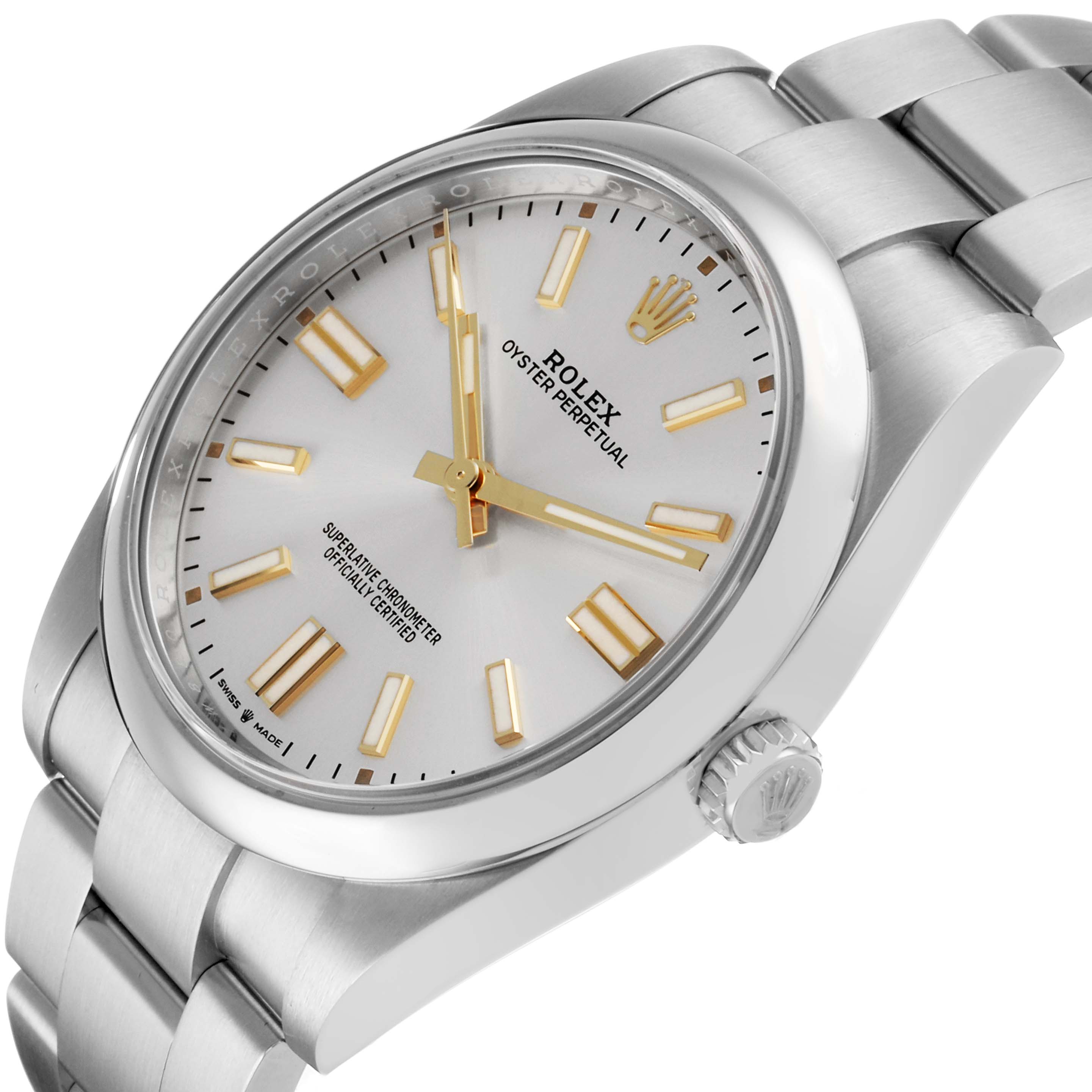 The Rolex Oyster Perpetual 124300 Men's Stainless Steel Silver Dial watch is shown at a slight angle, highlighting the face, bezel, crown, and part of the bracelet.