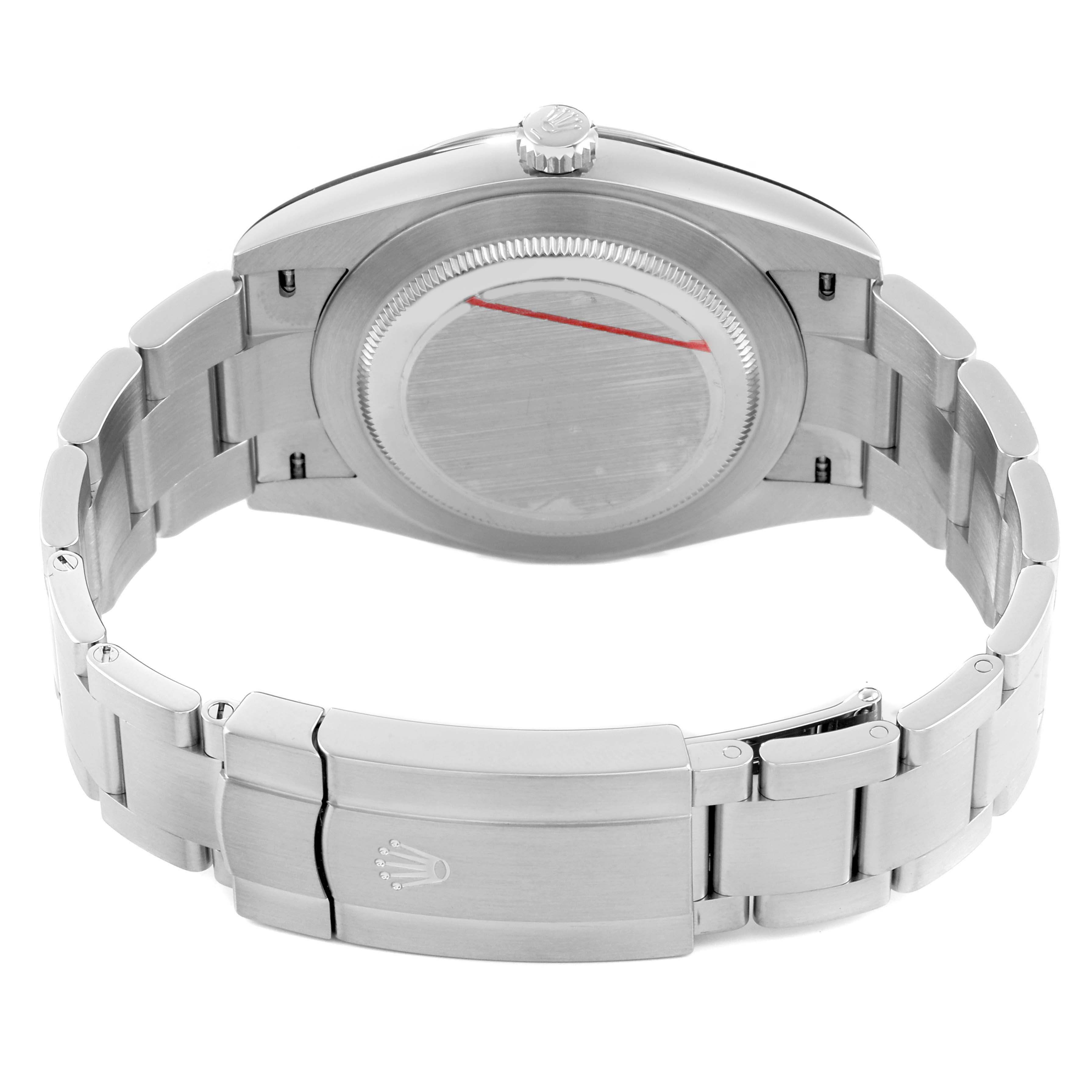 The image shows the back of the Rolex Oyster Perpetual 124300 Men's Stainless Steel Silver Dial, highlighting the case back and metal bracelet.