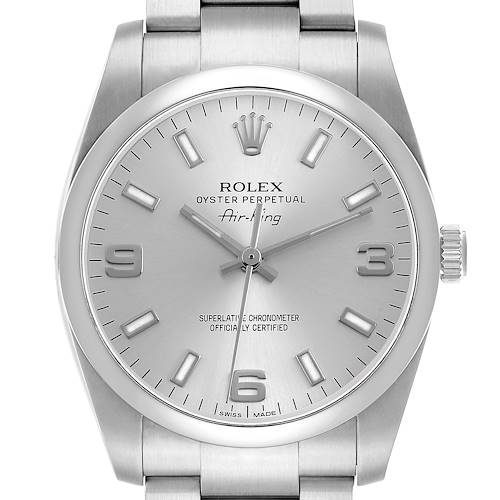 The Rolex Air-King 114200 Men's Stainless Steel Silver Dial watch is shown from the front, displaying the dial, hands, markers, crown, and part of the bracelet.