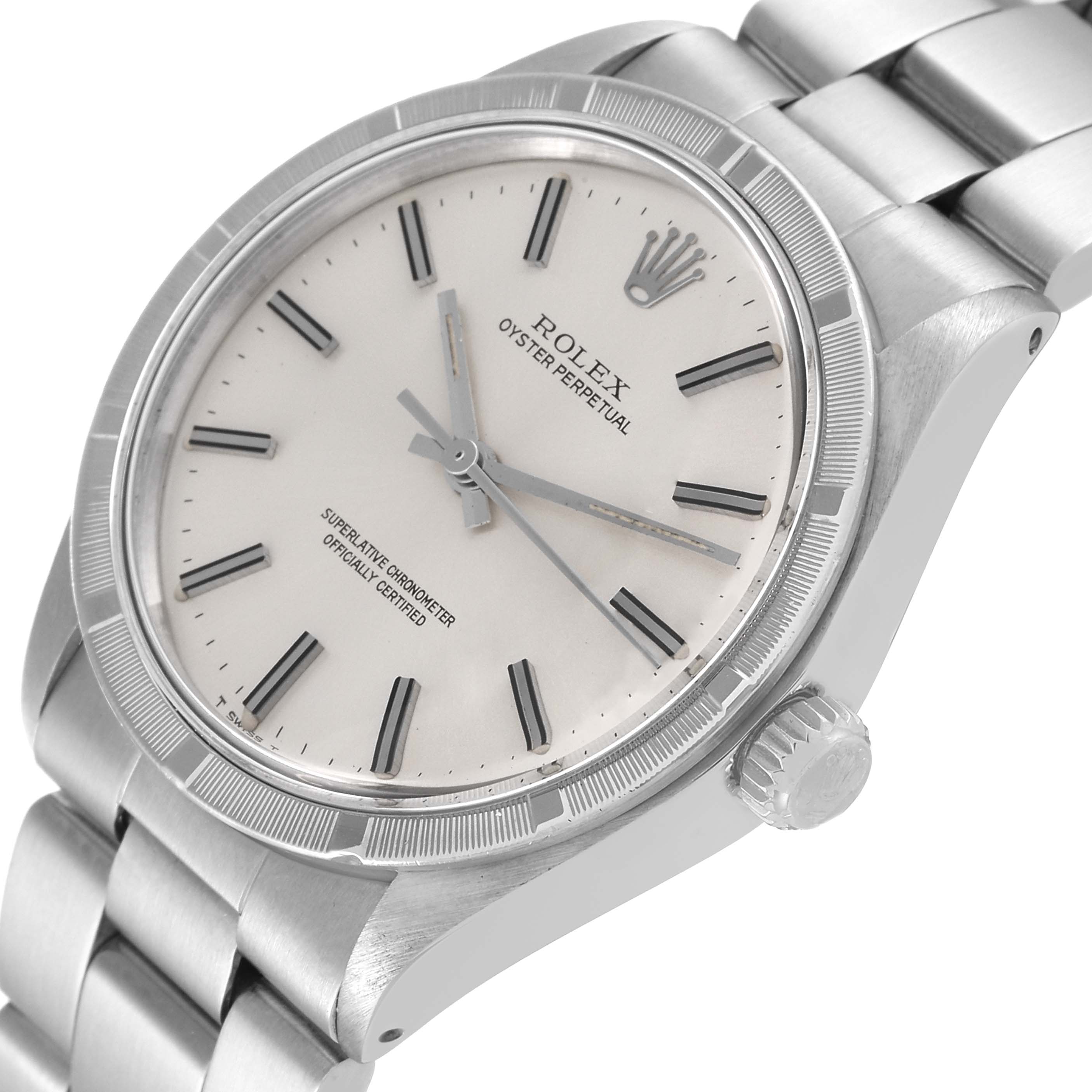 The image shows a close-up, tilted view of the Rolex Oyster Perpetual 1007 Men
s Stainless Steel Silver Dial 1007 Men
s Stainless Steel Silver Dial watch displaying its dial, bezel, and part of the bracelet.