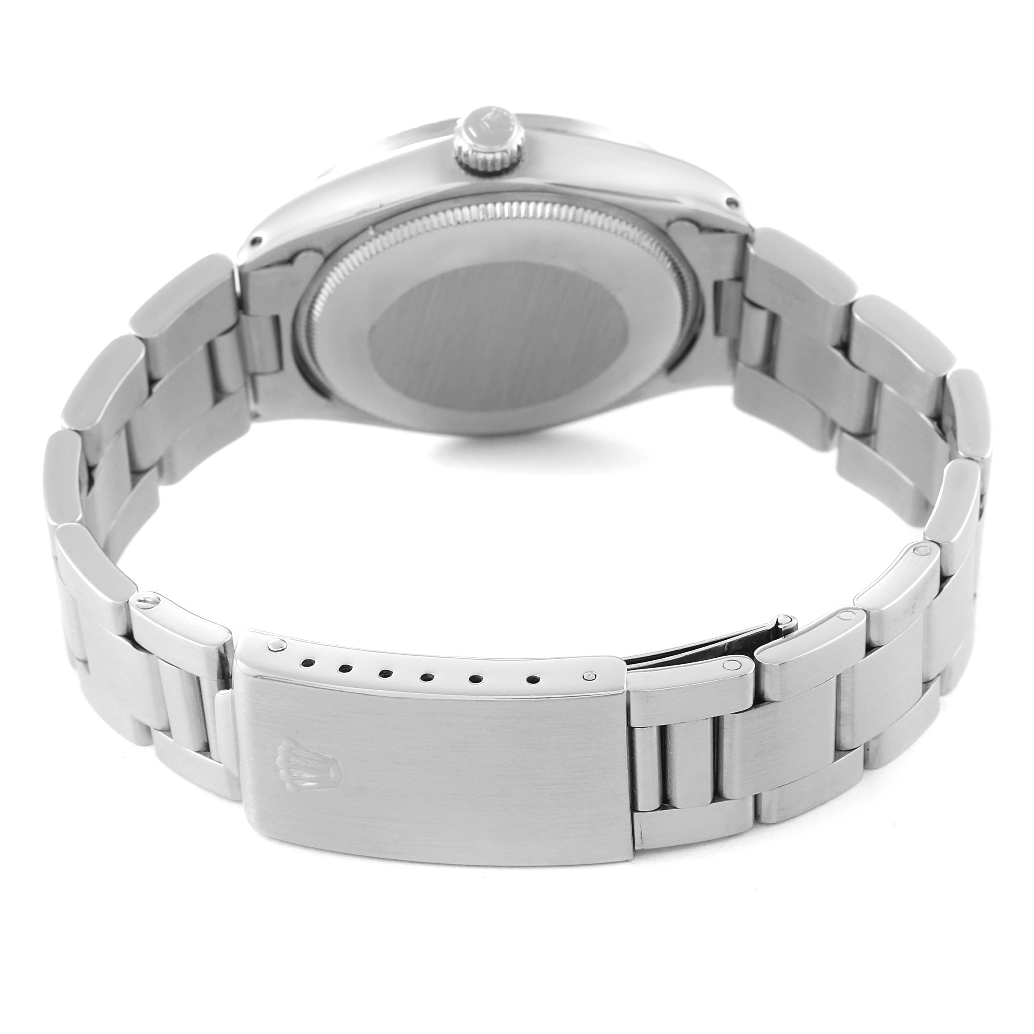This image shows the underside and clasp of a Rolex Oyster Perpetual 1007 Men
s Stainless Steel Silver Dial 1007 Men
s Stainless Steel Silver Dial watch.