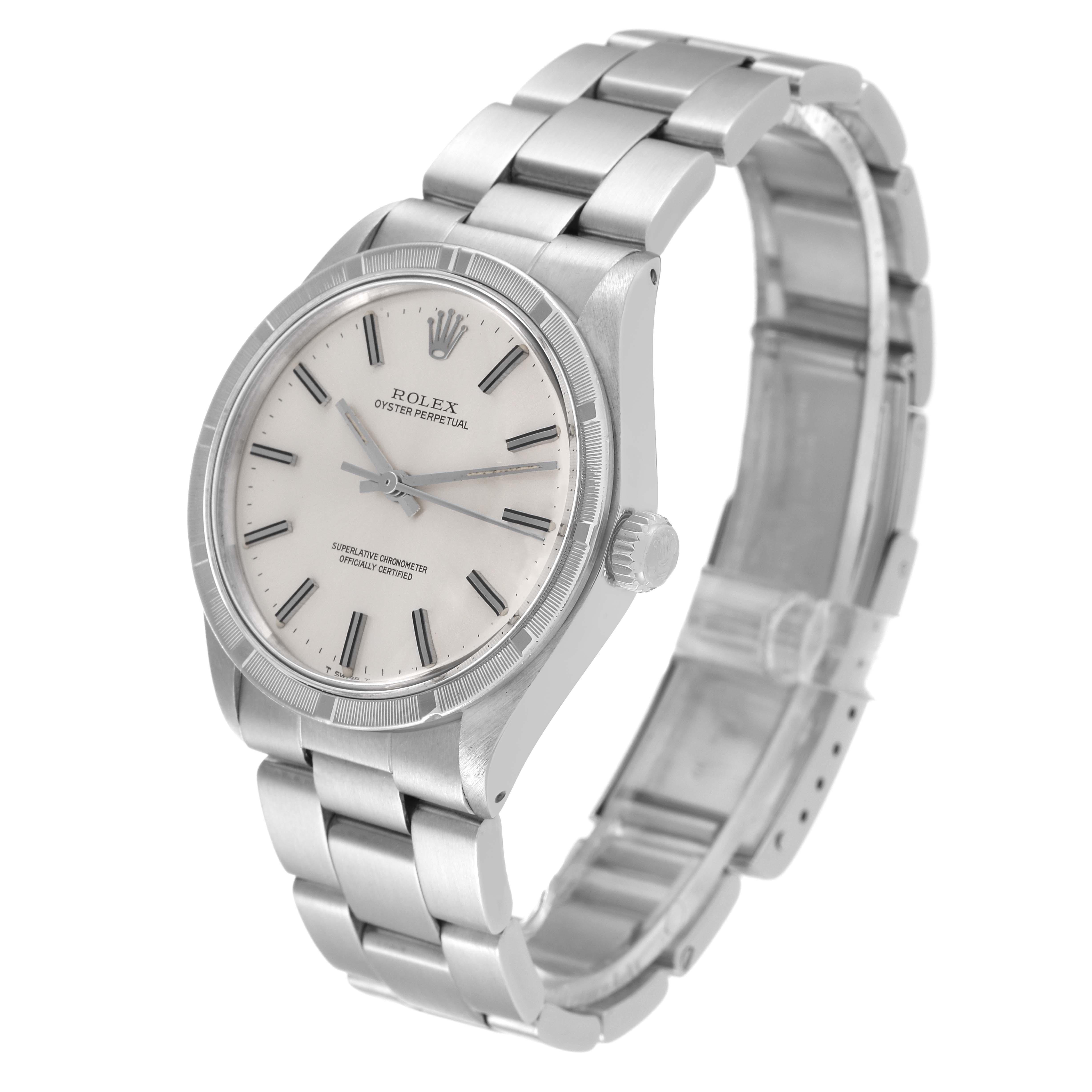 The image shows a Rolex Oyster Perpetual 1007 Men
s Stainless Steel Silver Dial 1007 Men
s Stainless Steel Silver Dial watch at a slight angle, highlighting the dial, bezel, crown, and bracelet.