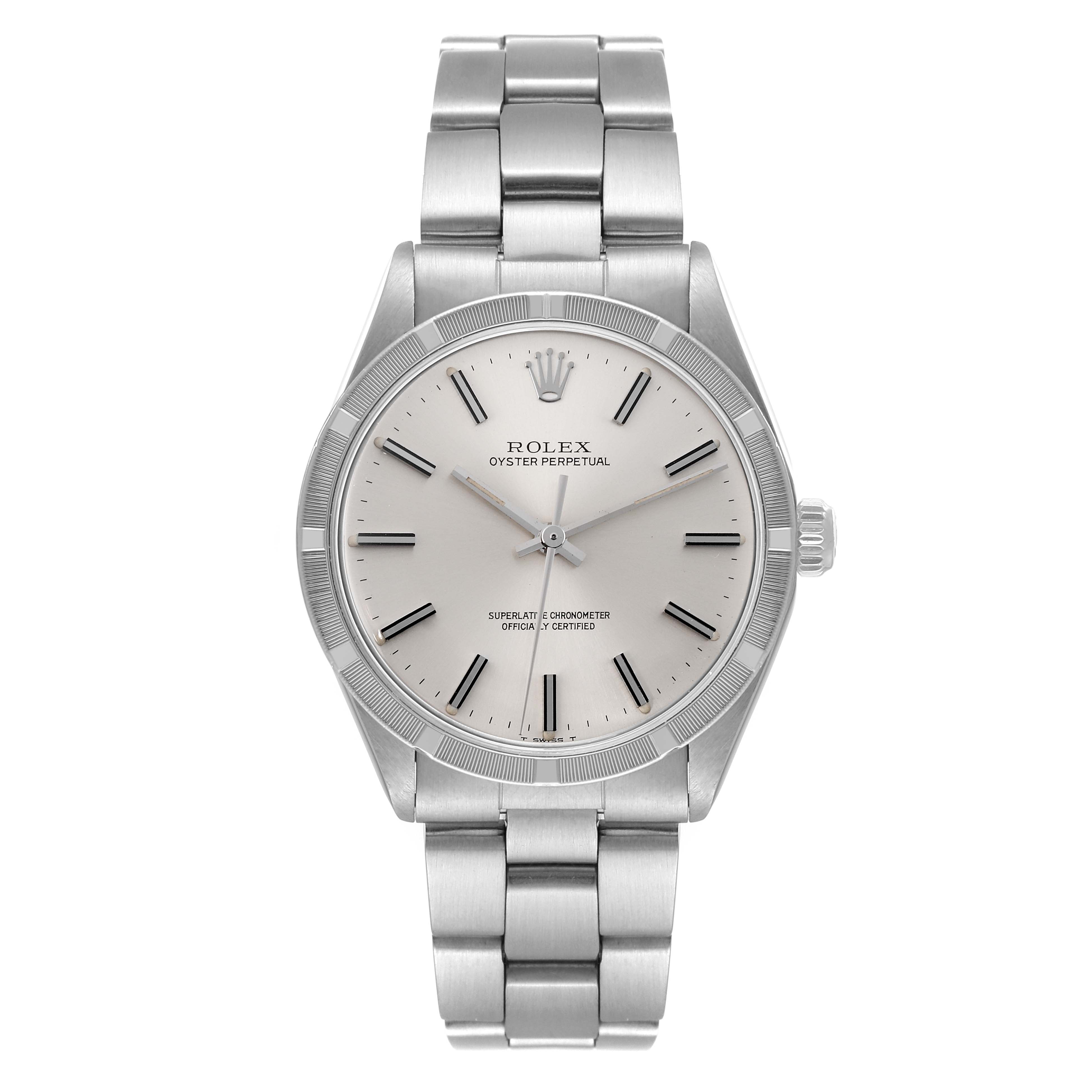 This image shows a front view of a Rolex Oyster Perpetual 1007 Men
s Stainless Steel Silver Dial 1007 Men
s Stainless Steel Silver Dial watch, displaying the face, bezel, crown, and bracelet.