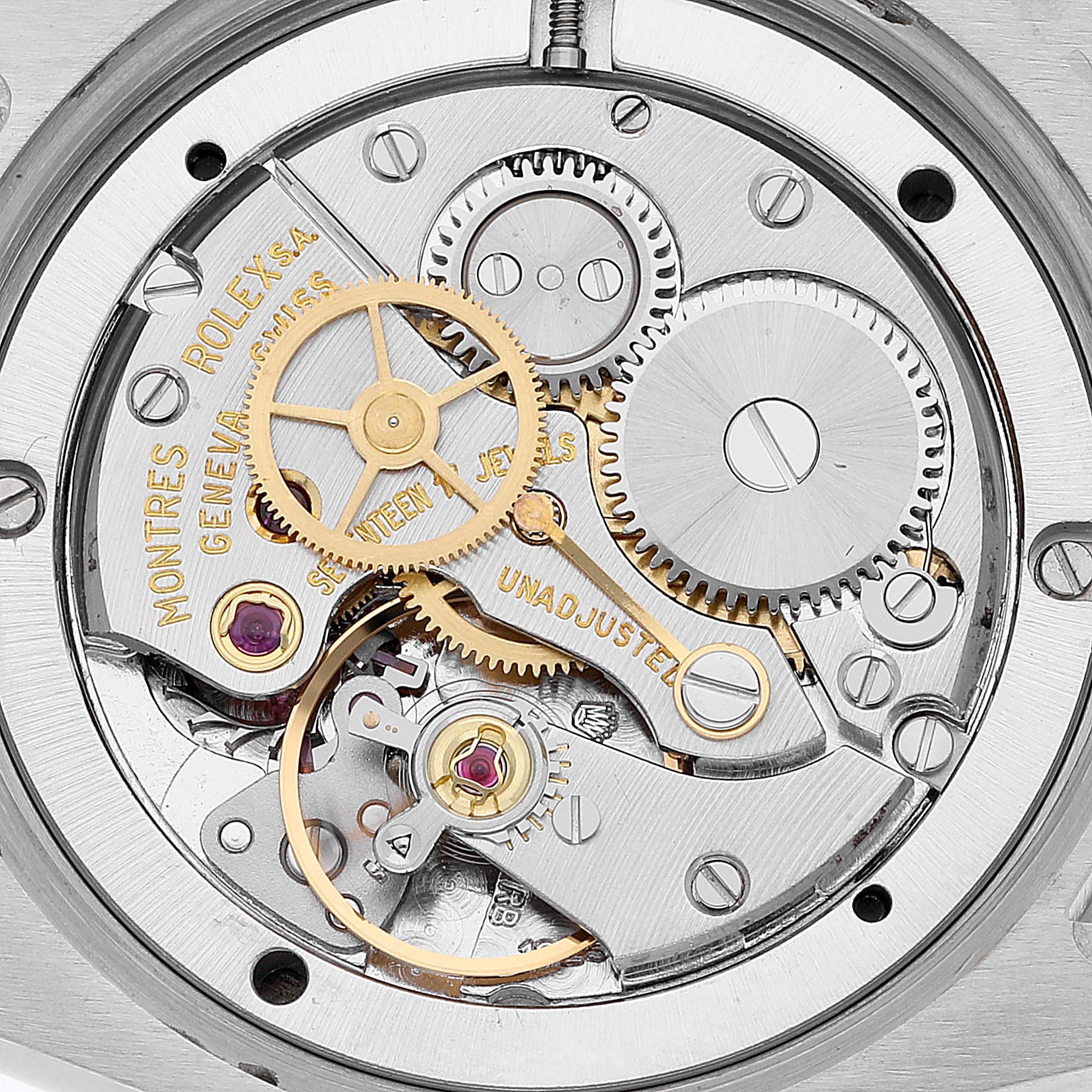 This image shows the intricate mechanical movement of a Rolex Date 6694 Men's Stainless Steel Black Dial 6694 Men's Stainless Steel Black Dial model watch, captured from a top-down angle.