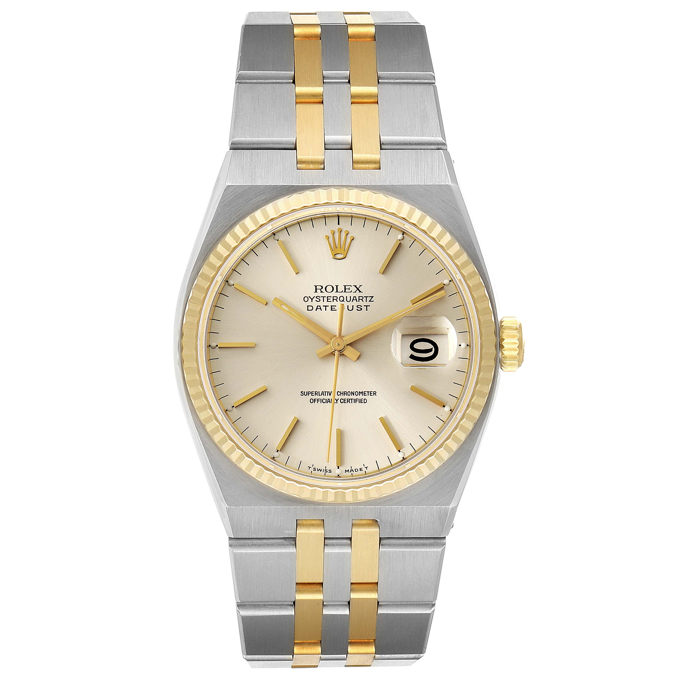 The Rolex Oysterquartz 17013 Men's Steel and Gold (two tone) Silver Dial 17013 Men's Steel and Gold (two tone) Silver Dial watch is shown from the front, displaying the dial, bezel, and bracelet.