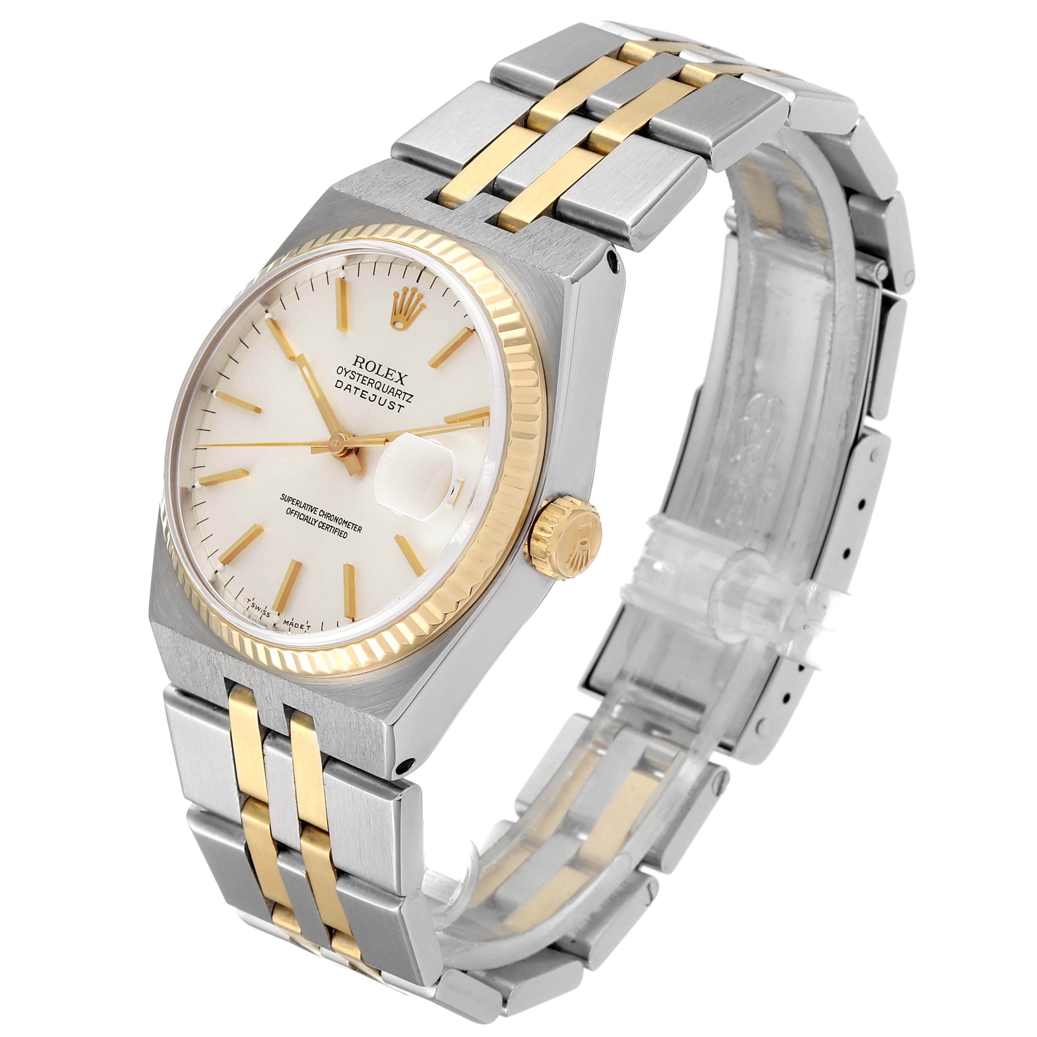 The image shows a side and front view of a Rolex Oysterquartz 17013 Men's Steel and Gold (two tone) Silver Dial 17013 Men's Steel and Gold (two tone) Silver Dial watch, highlighting its bezel, dial, crown, and two-tone bracelet.