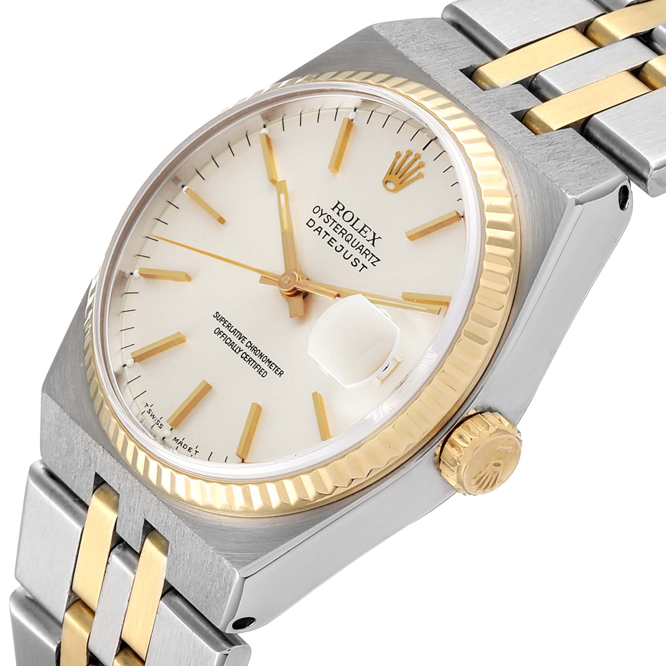 The image shows a Rolex Oysterquartz 17013 Men's Steel and Gold (two tone) Silver Dial 17013 Men's Steel and Gold (two tone) Silver Dial Datejust watch from an angled perspective, highlighting its dial, bezel, crown, and bracelet.