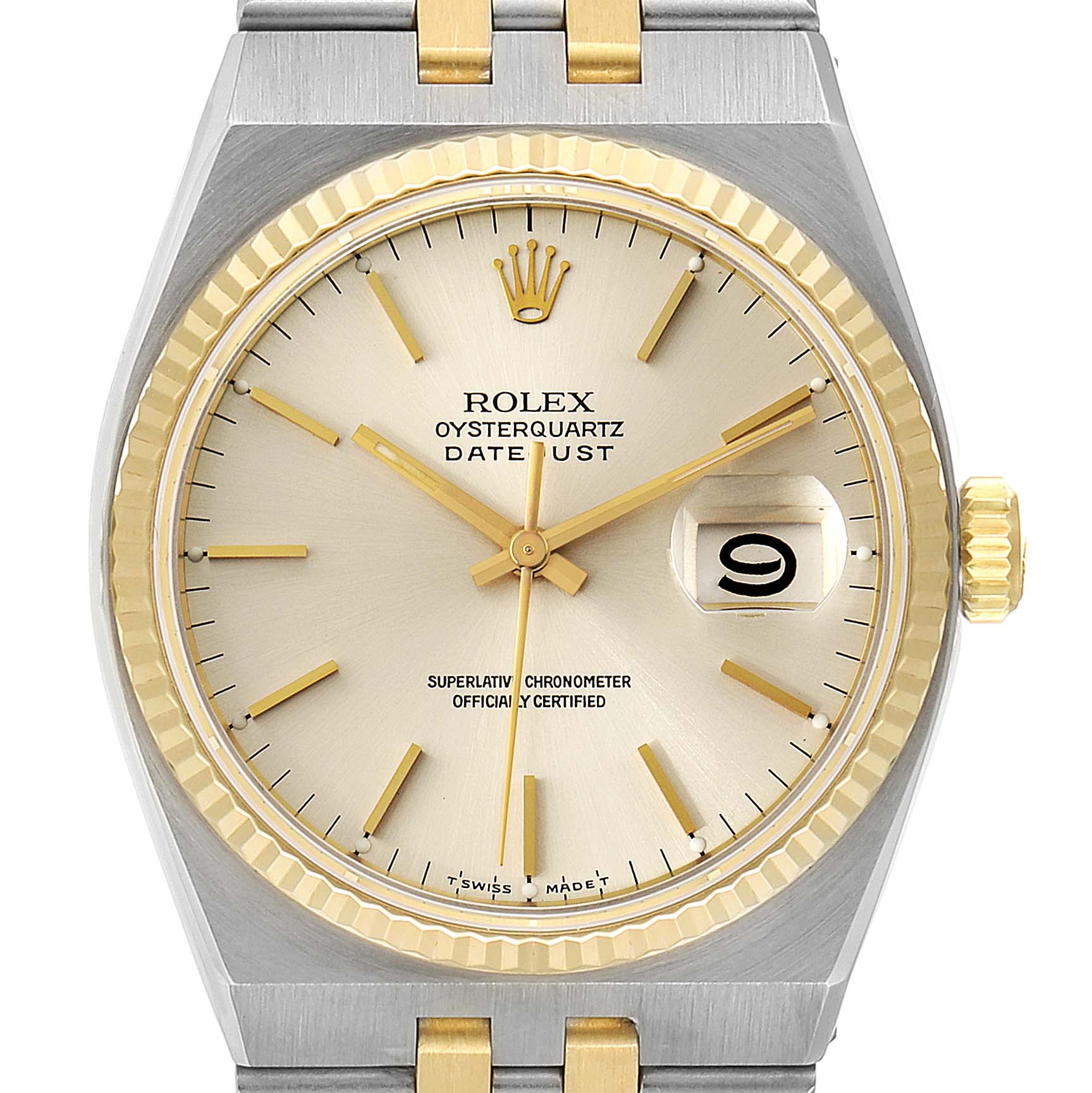 The Rolex Oysterquartz 17013 Men's Steel and Gold (two tone) Silver Dial 17013 Men's Steel and Gold (two tone) Silver Dial watch is shown from a front angle, displaying its dial, bezel, hands, date window, and crown.