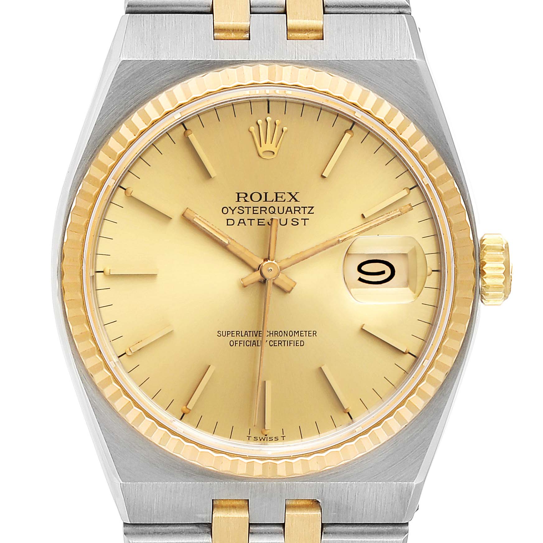 The image shows a front view of a Rolex Oysterquartz 17013 Men's Steel and Gold (two tone) Champagne Dial 17013 Men's Steel and Gold (two tone) Champagne Dial Datejust watch, displaying the dial, bezel, crown, and part of the strap.