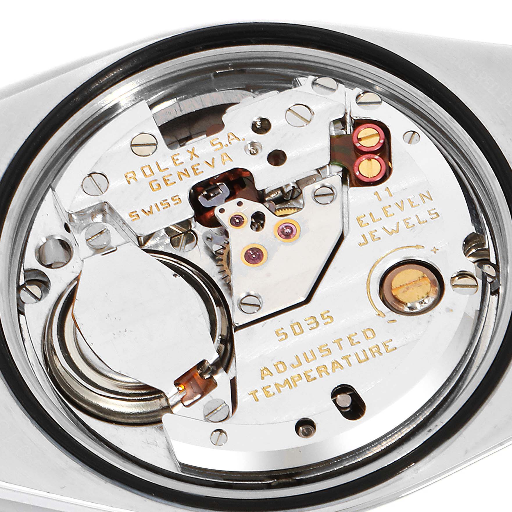 This image shows the inside mechanism of a Rolex Oysterquartz 17013 Men's Steel and Gold (two tone) Champagne Dial 17013 Men's Steel and Gold (two tone) Champagne Dial watch, highlighting the movement parts and jewel count.