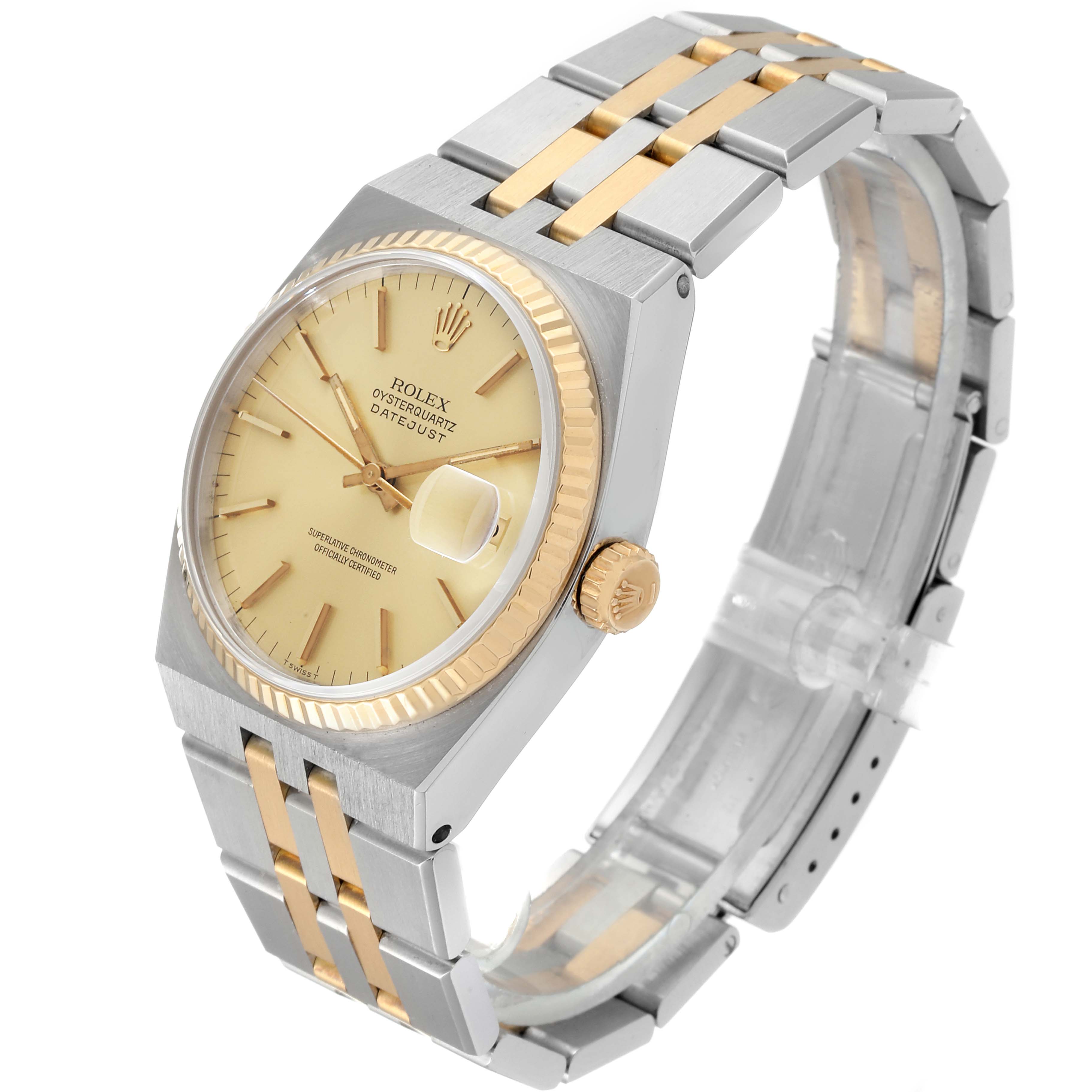 The image shows a side angle view of a Rolex Oysterquartz 17013 Men's Steel and Gold (two tone) Champagne Dial 17013 Men's Steel and Gold (two tone) Champagne Dial watch, highlighting its gold and silver bracelet and dial.