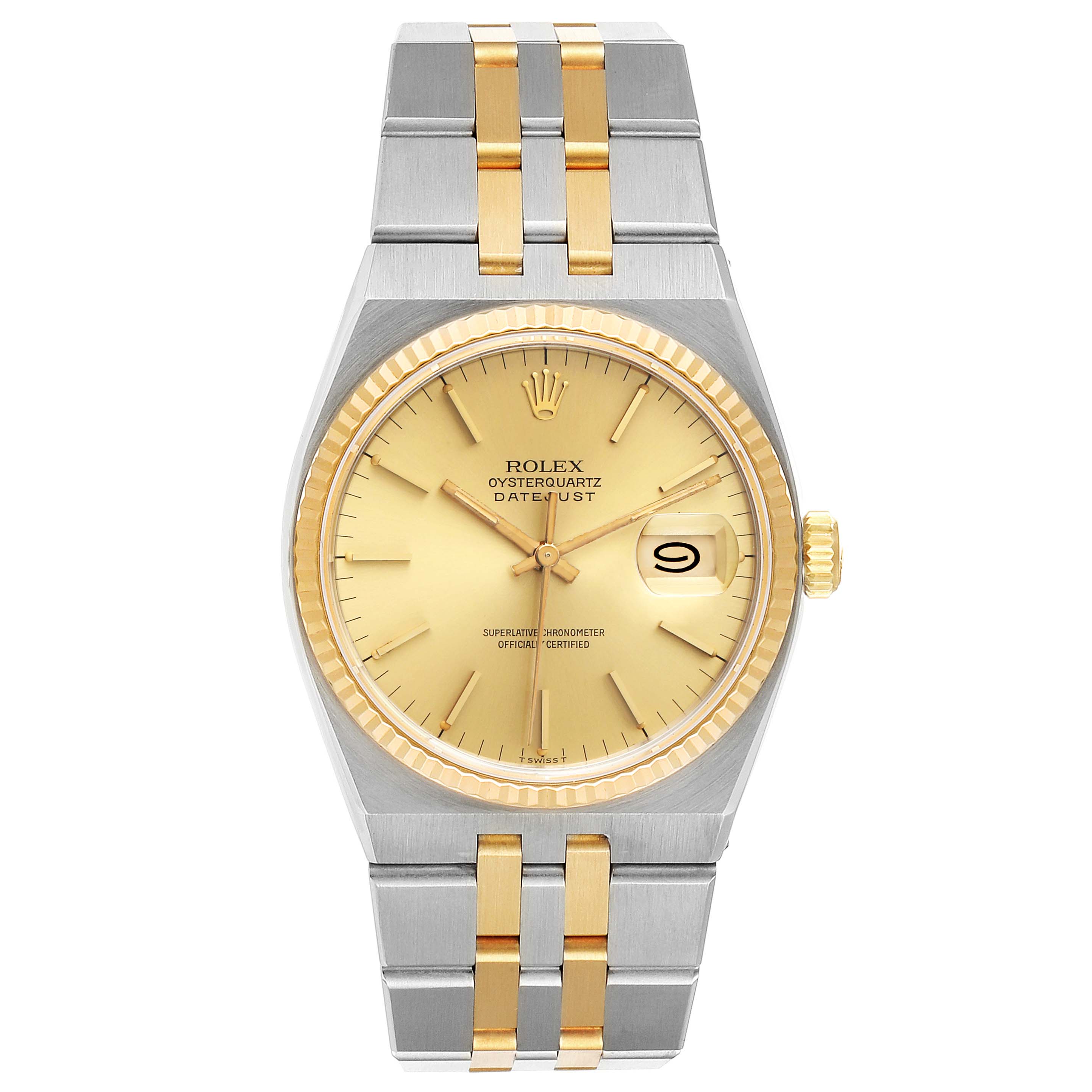 The image shows a Rolex Oysterquartz 17013 Men's Steel and Gold (two tone) Champagne Dial 17013 Men's Steel and Gold (two tone) Champagne Dial Datejust watch from a front angle, highlighting its dial, bezel, crown, and bracelet.