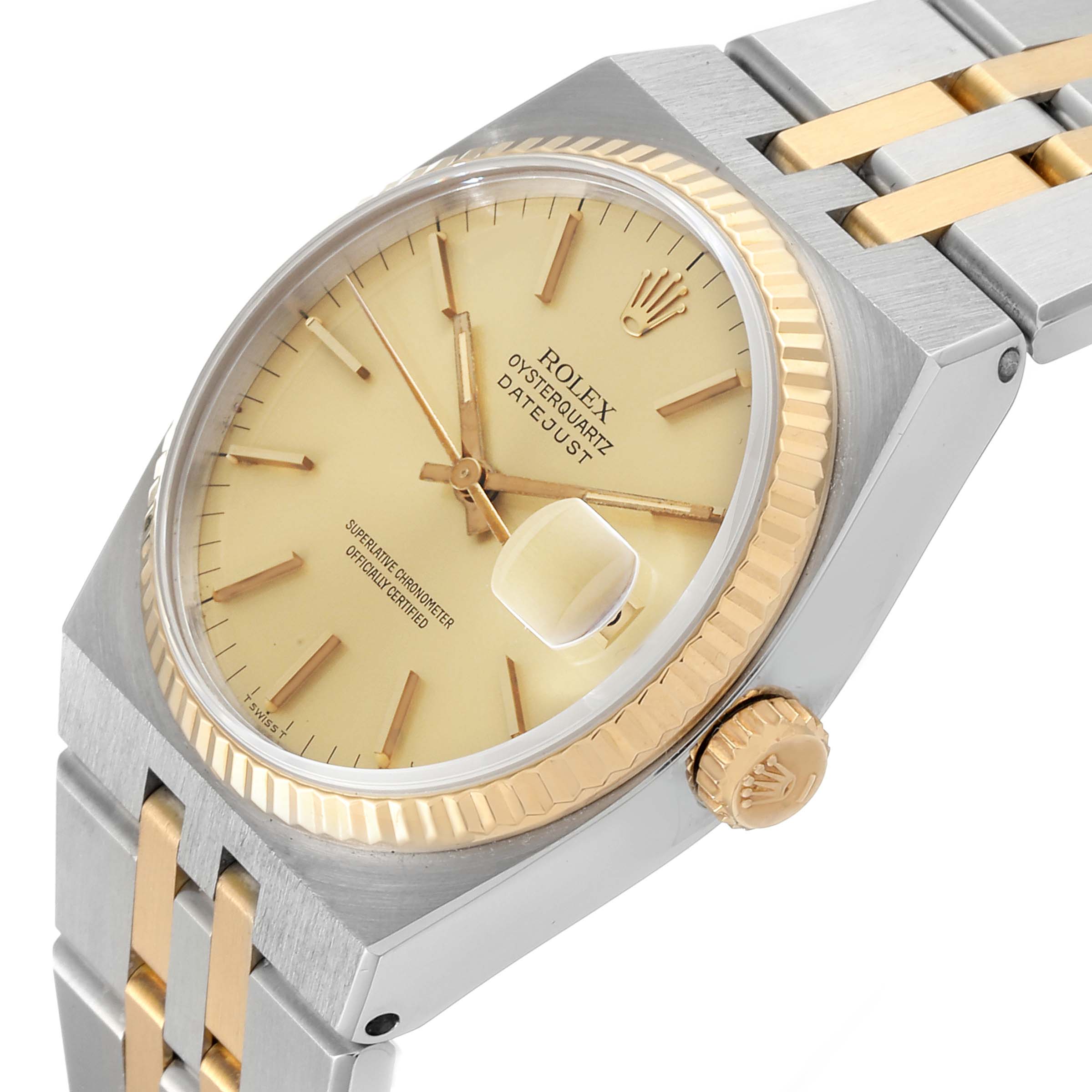 This image shows a Rolex Oysterquartz 17013 Men's Steel and Gold (two tone) Champagne Dial 17013 Men's Steel and Gold (two tone) Champagne Dial watch at an angled view, highlighting the dial, crown, and bracelet.