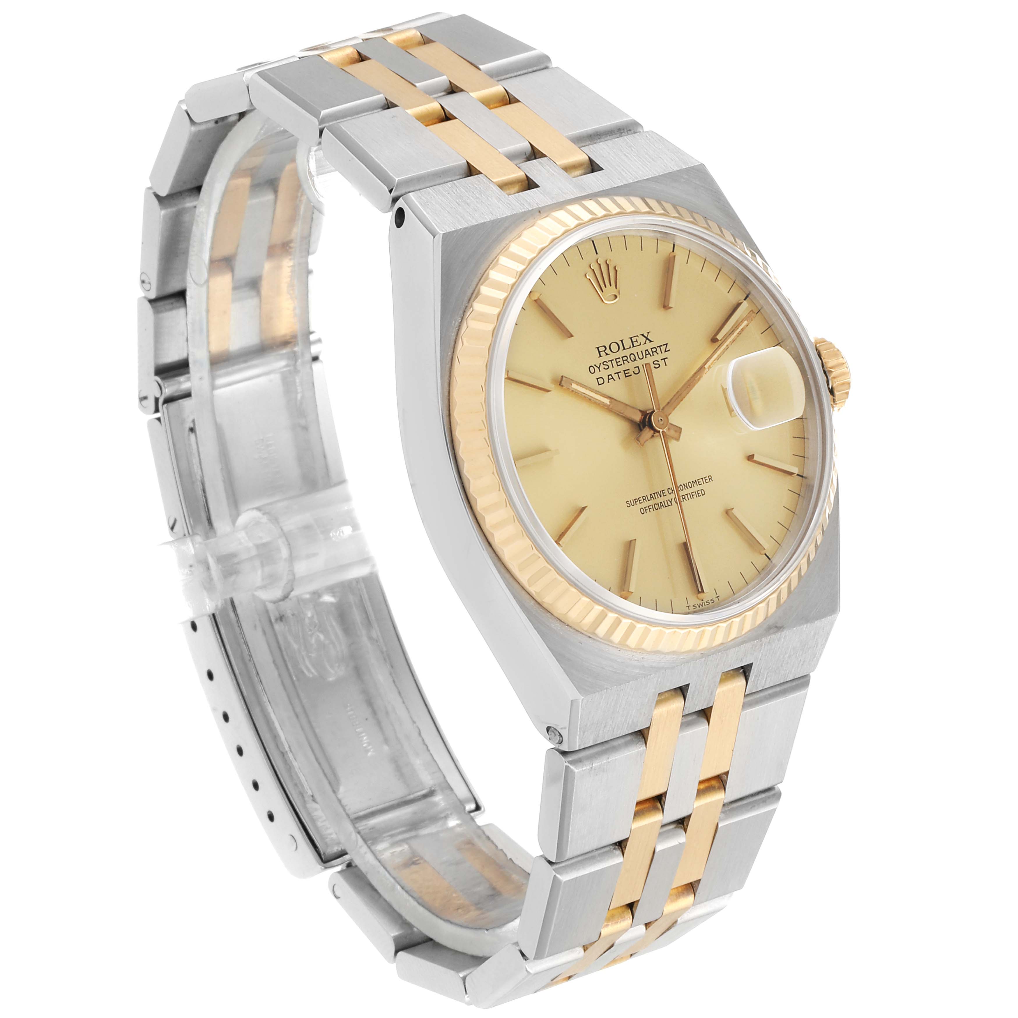 The image shows a Rolex Oysterquartz 17013 Men's Steel and Gold (two tone) Champagne Dial 17013 Men's Steel and Gold (two tone) Champagne Dial watch at a slightly angled side view, highlighting the bracelet, dial, and crown.