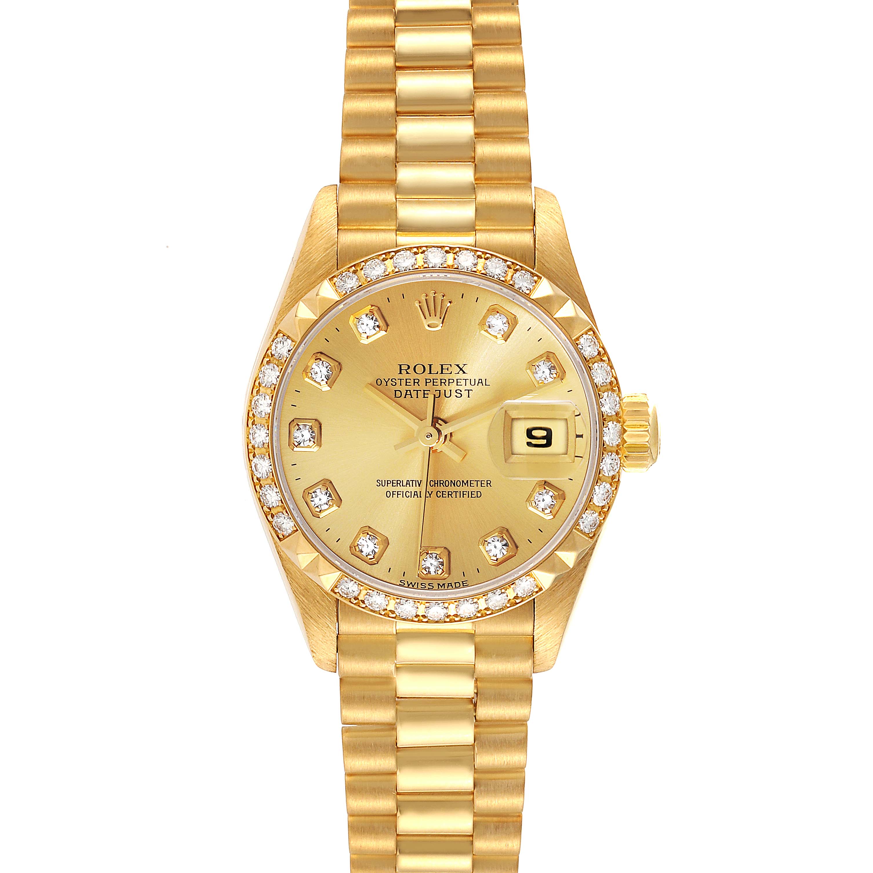 The image shows a front view of a Rolex President 79268 Women
s Yellow Gold Champagne Dial 79268 Women
s Yellow Gold Champagne Dial model watch, highlighting its gold case, dial, and bracelet.