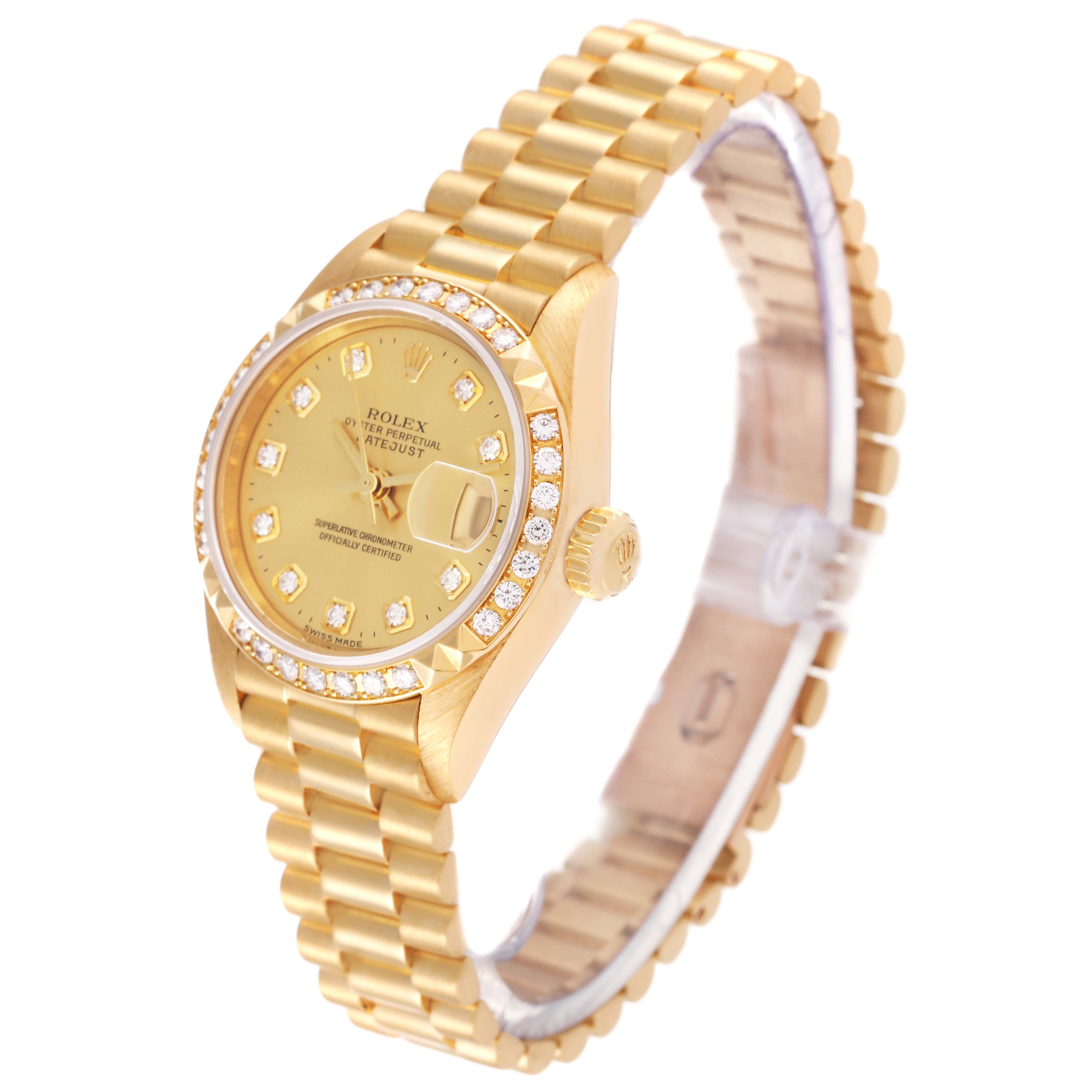 The image shows a side angle of a Rolex President 79268 Women
s Yellow Gold Champagne Dial 79268 Women
s Yellow Gold Champagne Dial model watch, highlighting its gold case, bezel with diamonds, and bracelet.