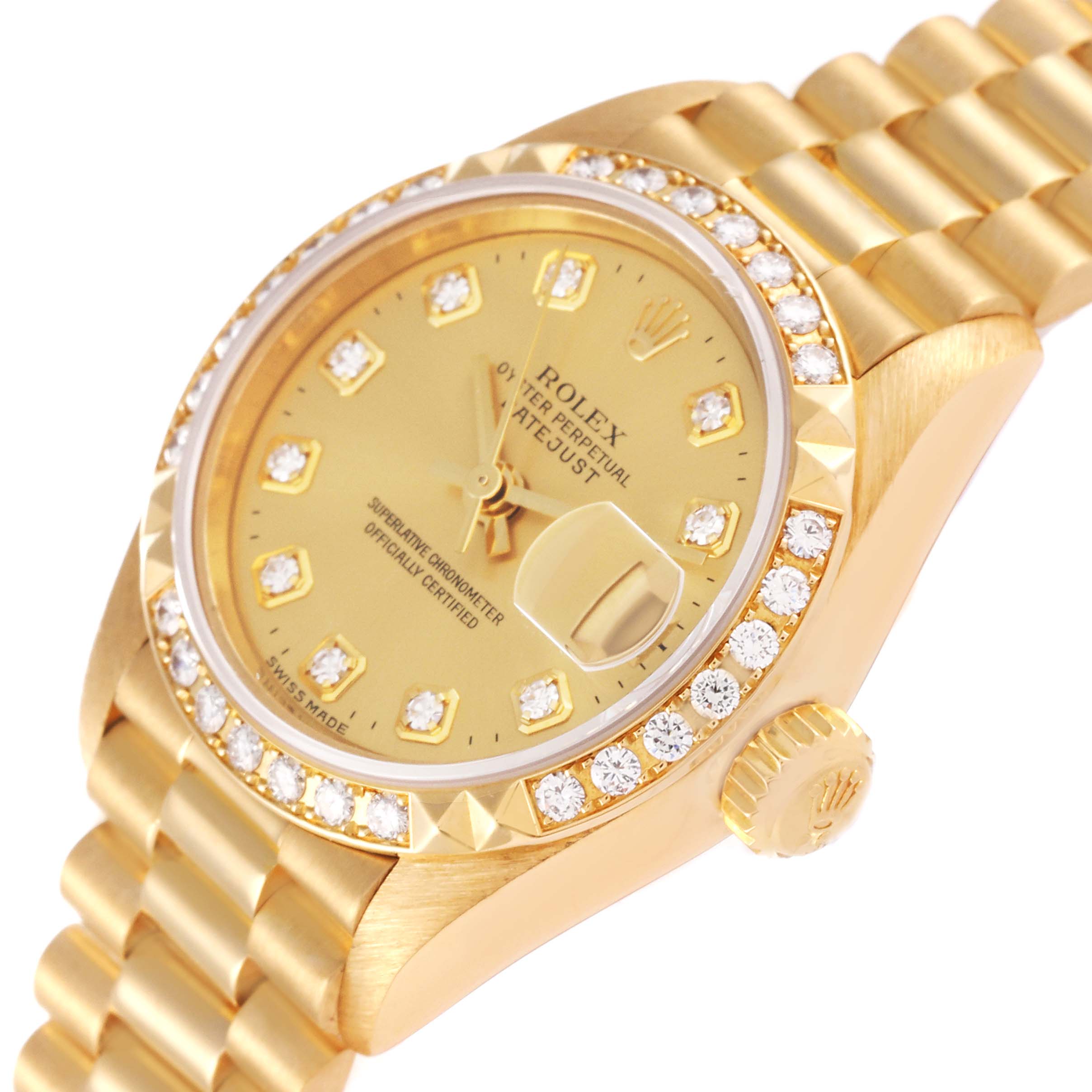 The image shows a close-up angle of the Rolex President 79268 Women
s Yellow Gold Champagne Dial 79268 Women
s Yellow Gold Champagne Dial model watch, highlighting its diamond-encrusted bezel, dial, and bracelet.