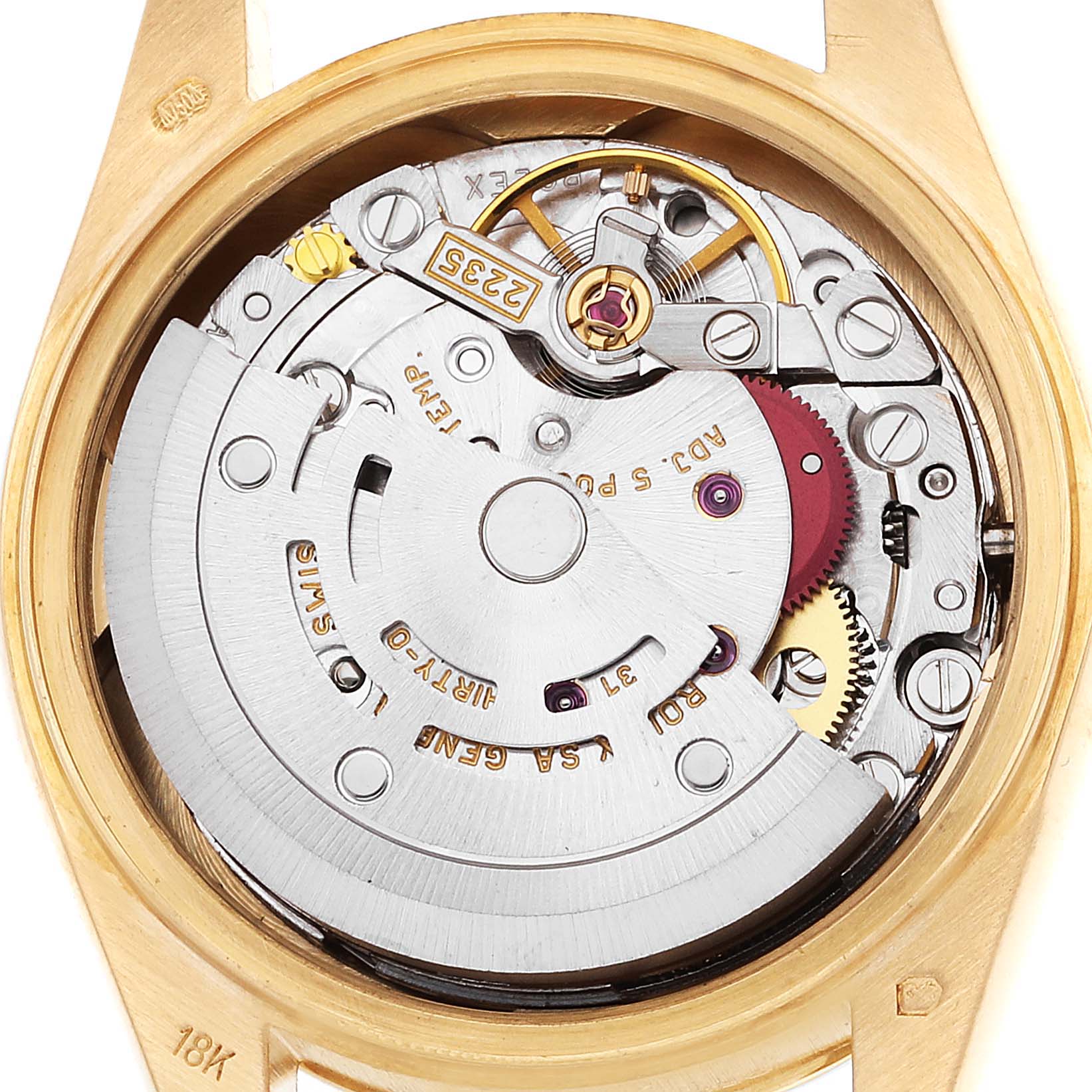 This image shows the inner workings and movement mechanism of a Rolex President 79268 Women
s Yellow Gold Champagne Dial 79268 Women
s Yellow Gold Champagne Dial model watch at a top-down angle.