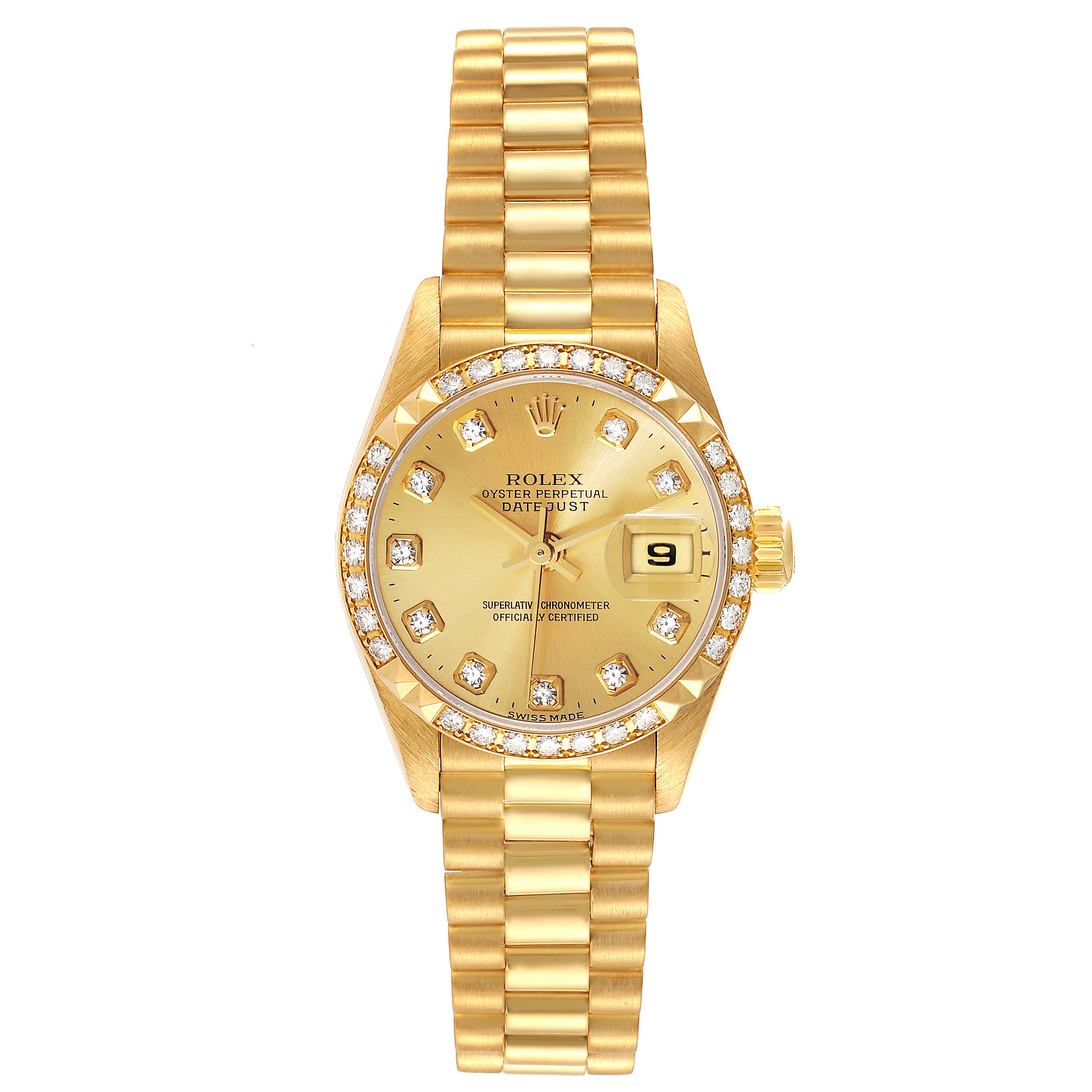 This is a front view of a Rolex President 79268 Women
s Yellow Gold Champagne Dial 79268 Women
s Yellow Gold Champagne Dial model watch, showcasing its dial, bezel, and bracelet.