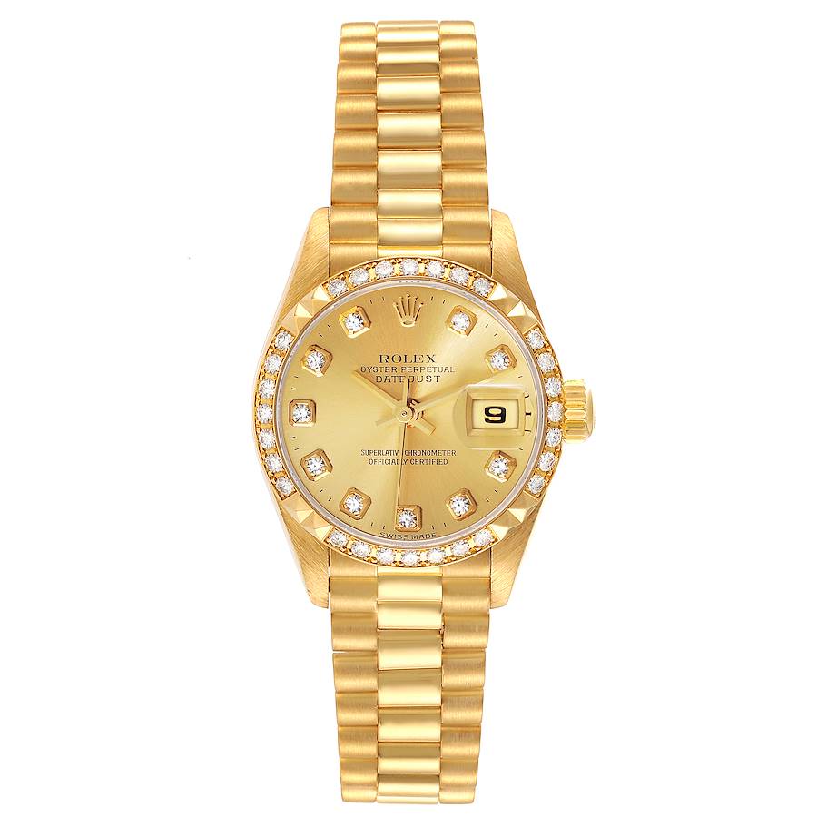 Rolex President Datejust Yellow Gold Pyramid Bezel Diamond Watch 79268 SwissWatchExpo