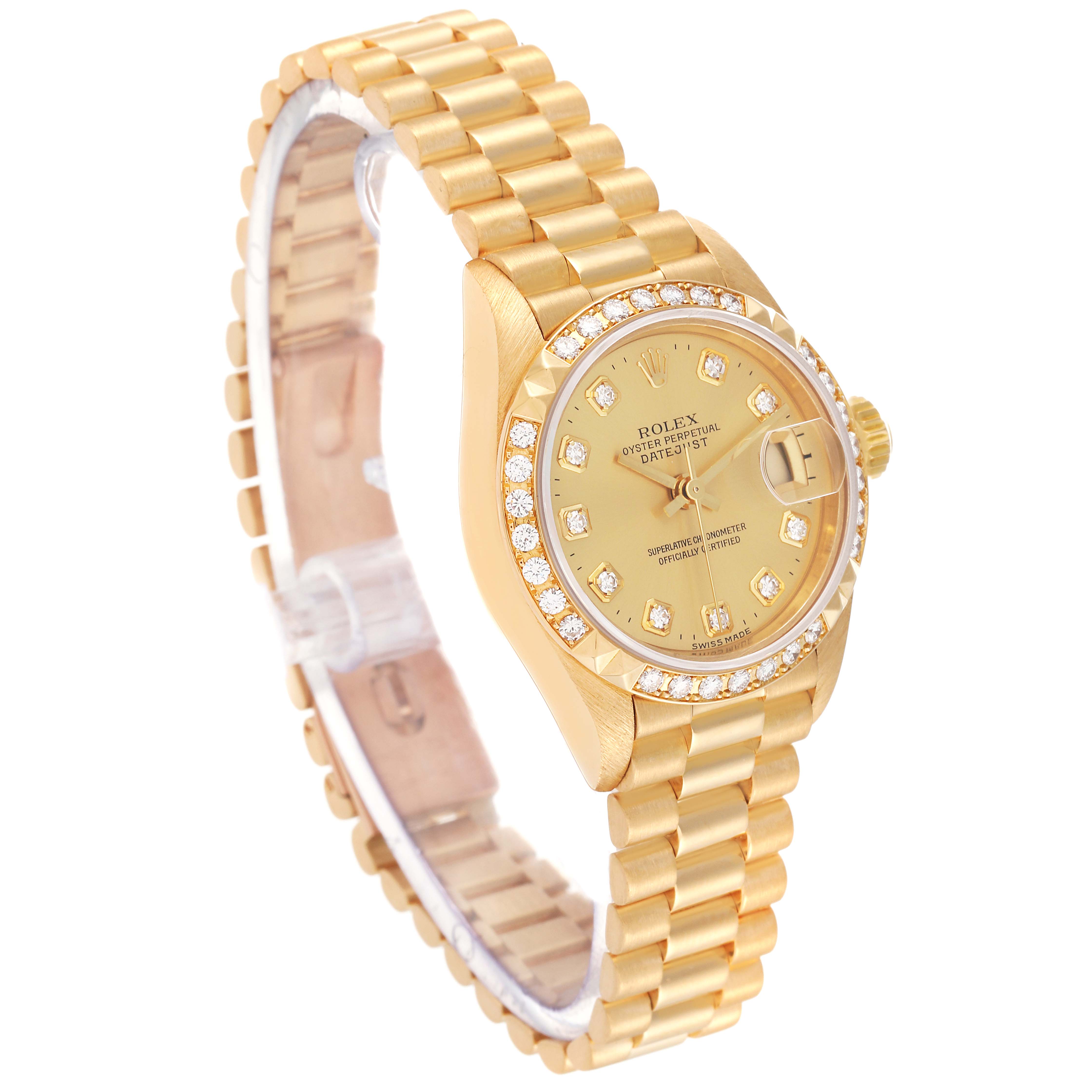 This image shows a Rolex President 79268 Women
s Yellow Gold Champagne Dial 79268 Women
s Yellow Gold Champagne Dial model watch from an angled side view, highlighting the dial, bezel, and bracelet.