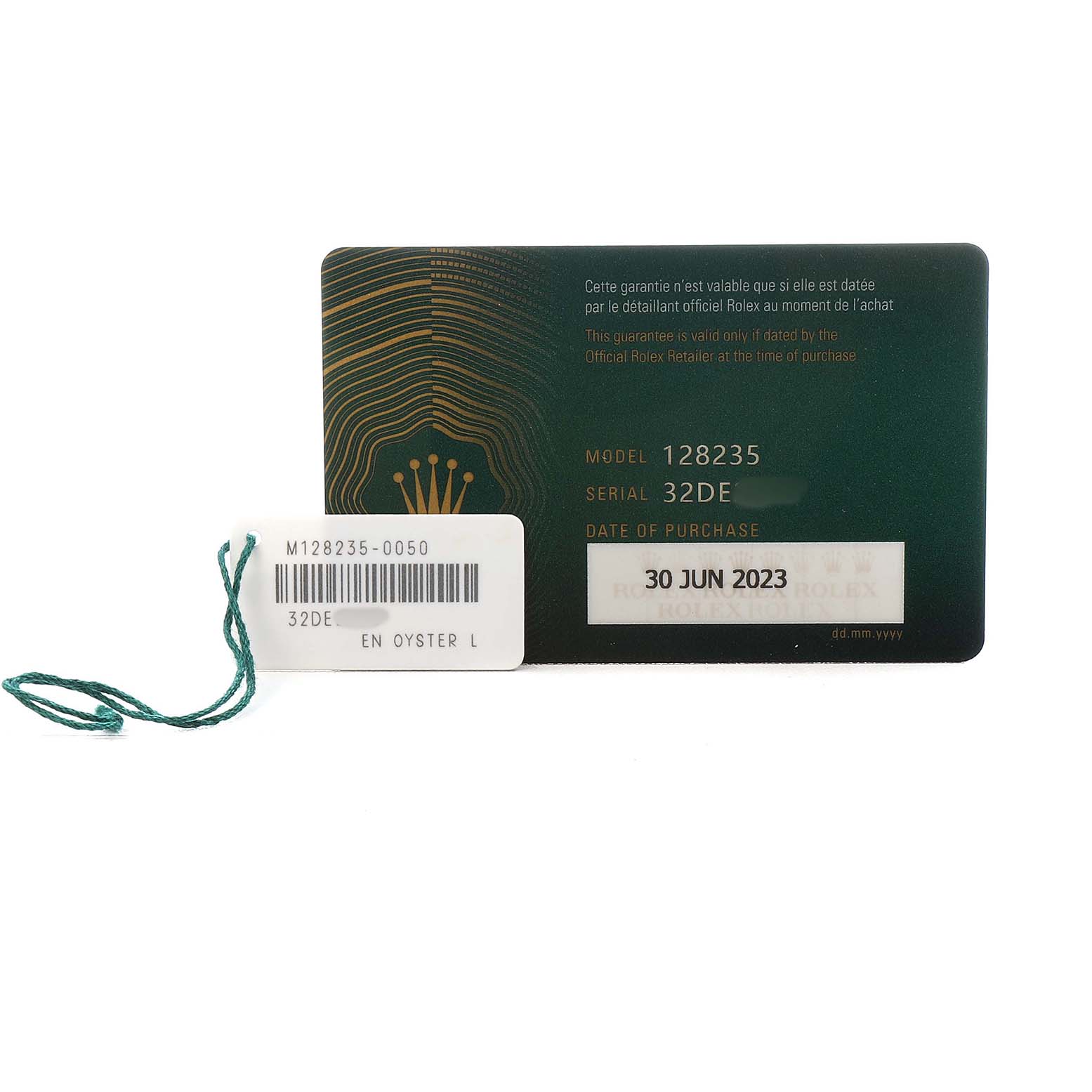 The image shows the warranty card and tag for a Rolex President 128235 Men's Rose Gold Grey Dial model, with visible model, serial details, and purchase date.