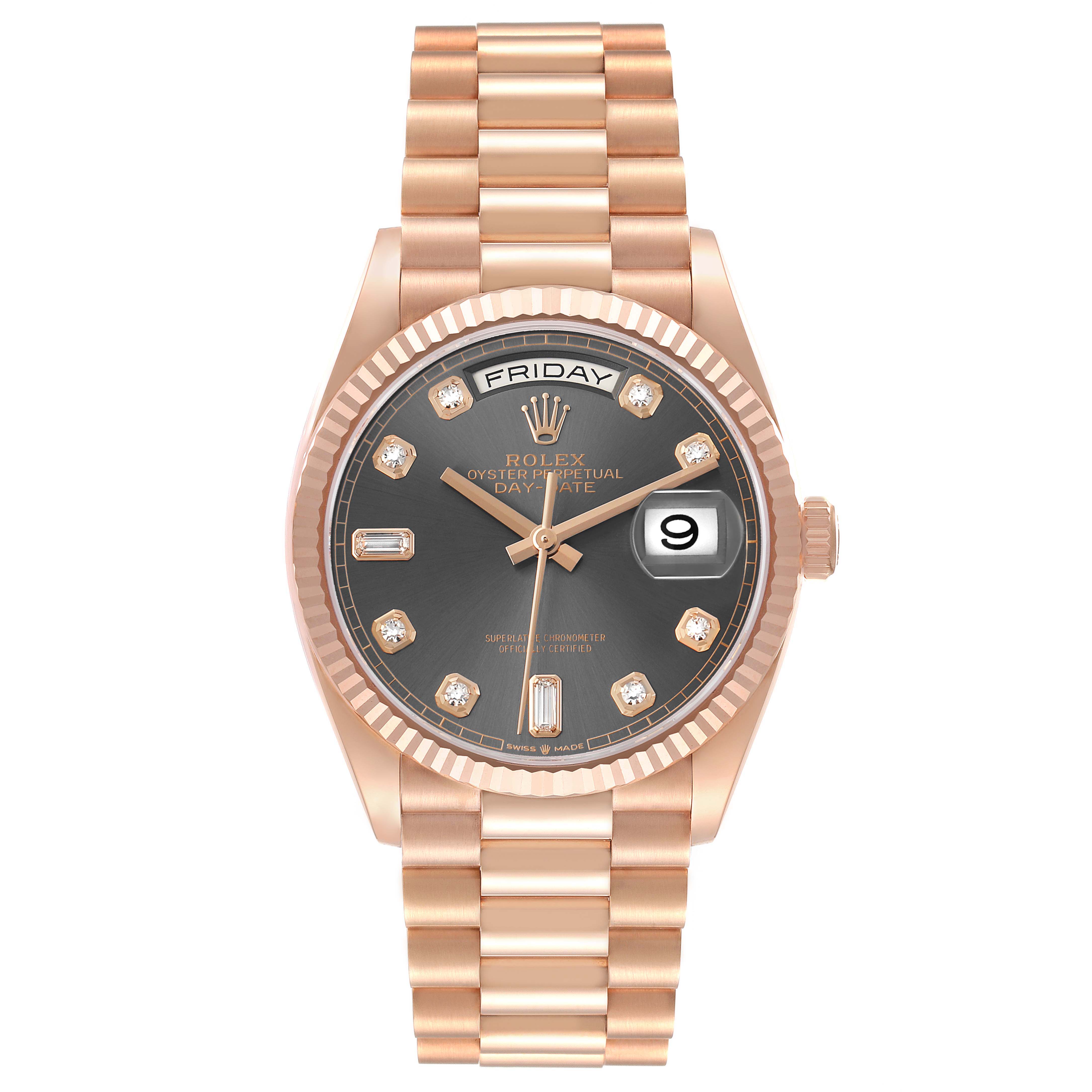 The Rolex President 128235 Men's Rose Gold Grey Dial model watch is shown from the front, displaying its dial, day, date, and the full bracelet.