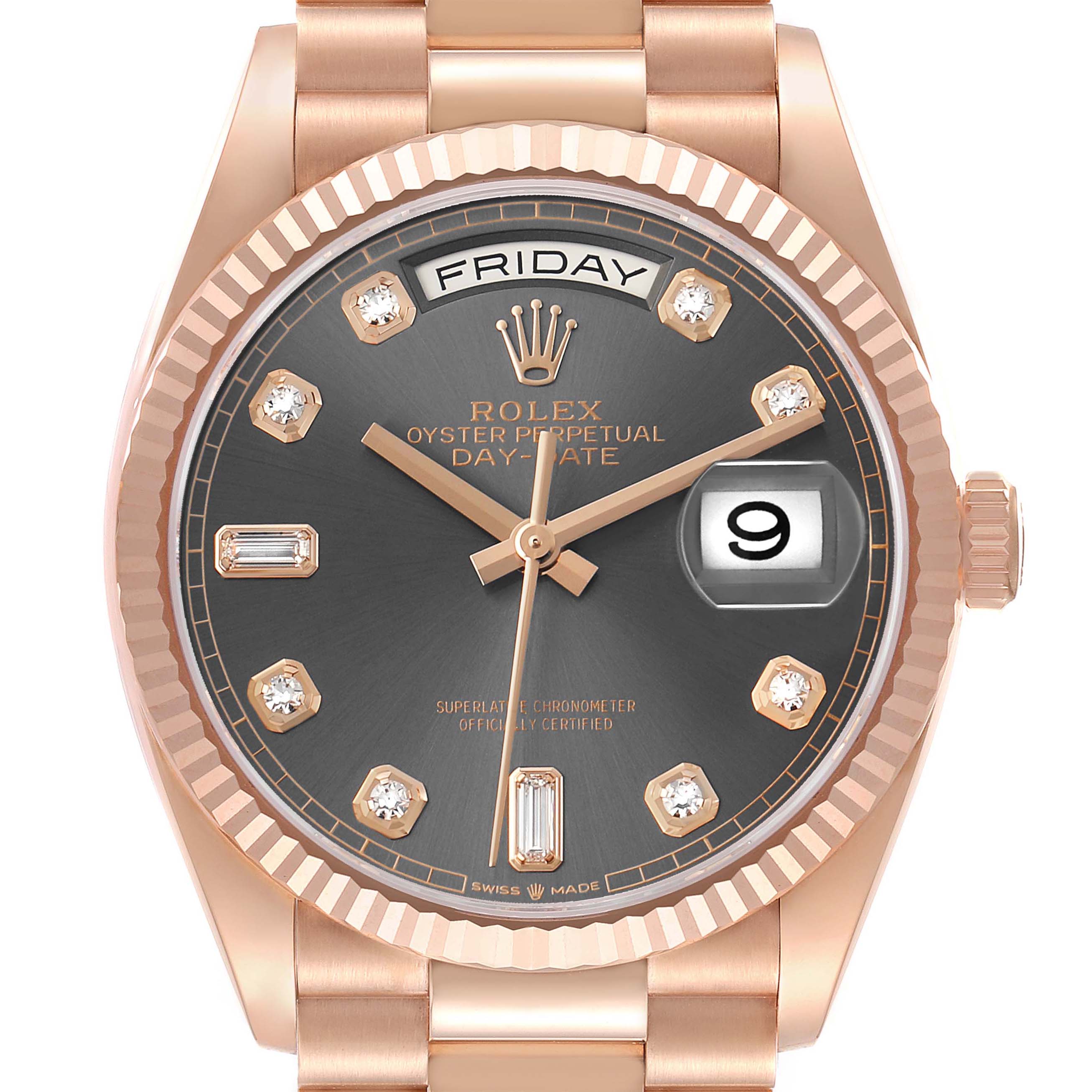 The image displays a frontal view of the Rolex President 128235 Men's Rose Gold Grey Dial model, showcasing its rose gold case, diamond hour markers, day, and date windows.