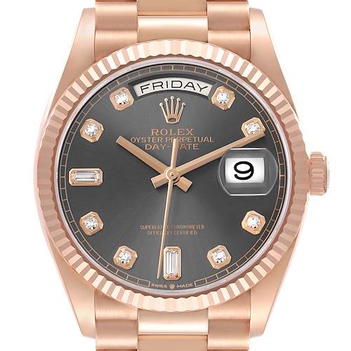 The Rolex President 128235 Men's Rose Gold Grey Dial Day-Date watch is shown from the front, highlighting the dial, bezel, crown, and part of the bracelet.